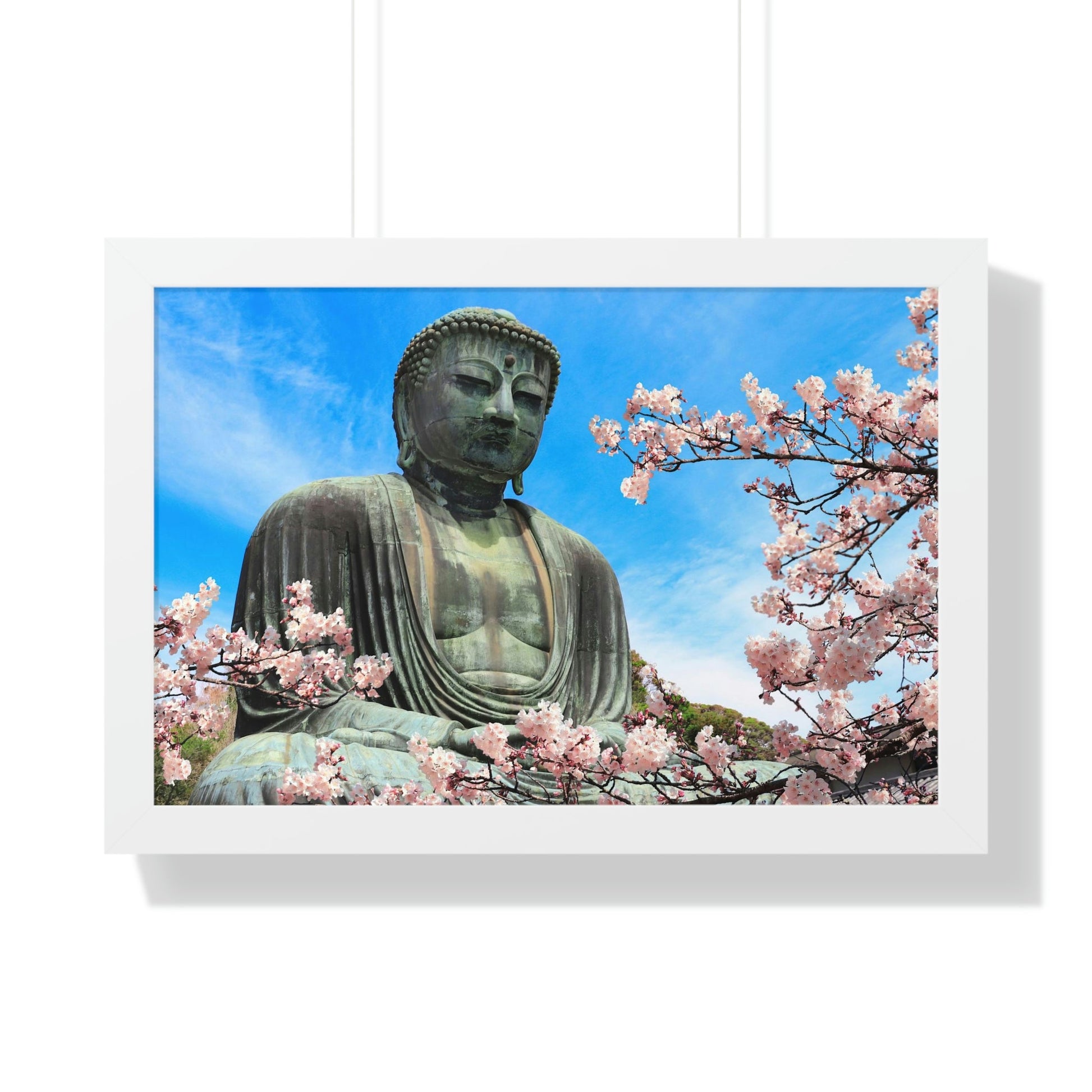 Buddhism -Framed Horizontal Poster - The Great Buddha and sakura flowers, Kotoku-in temple, Japan - Print in USA - Green Forest Home