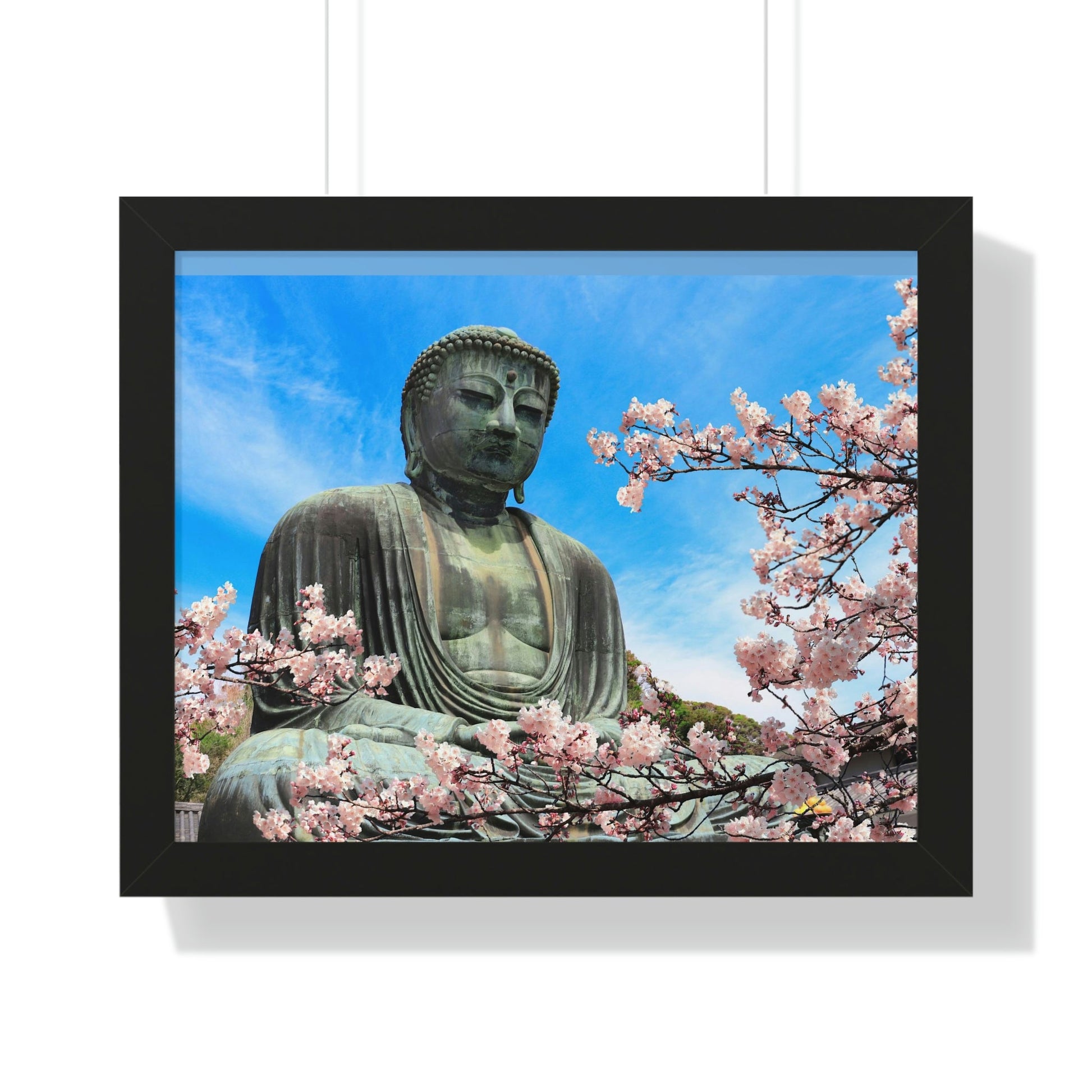 Buddhism -Framed Horizontal Poster - The Great Buddha and sakura flowers, Kotoku-in temple, Japan - Print in USA - Green Forest Home