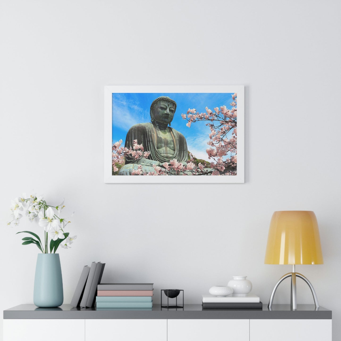 Buddhism -Framed Horizontal Poster - The Great Buddha and sakura flowers, Kotoku-in temple, Japan - Print in USA - Green Forest Home