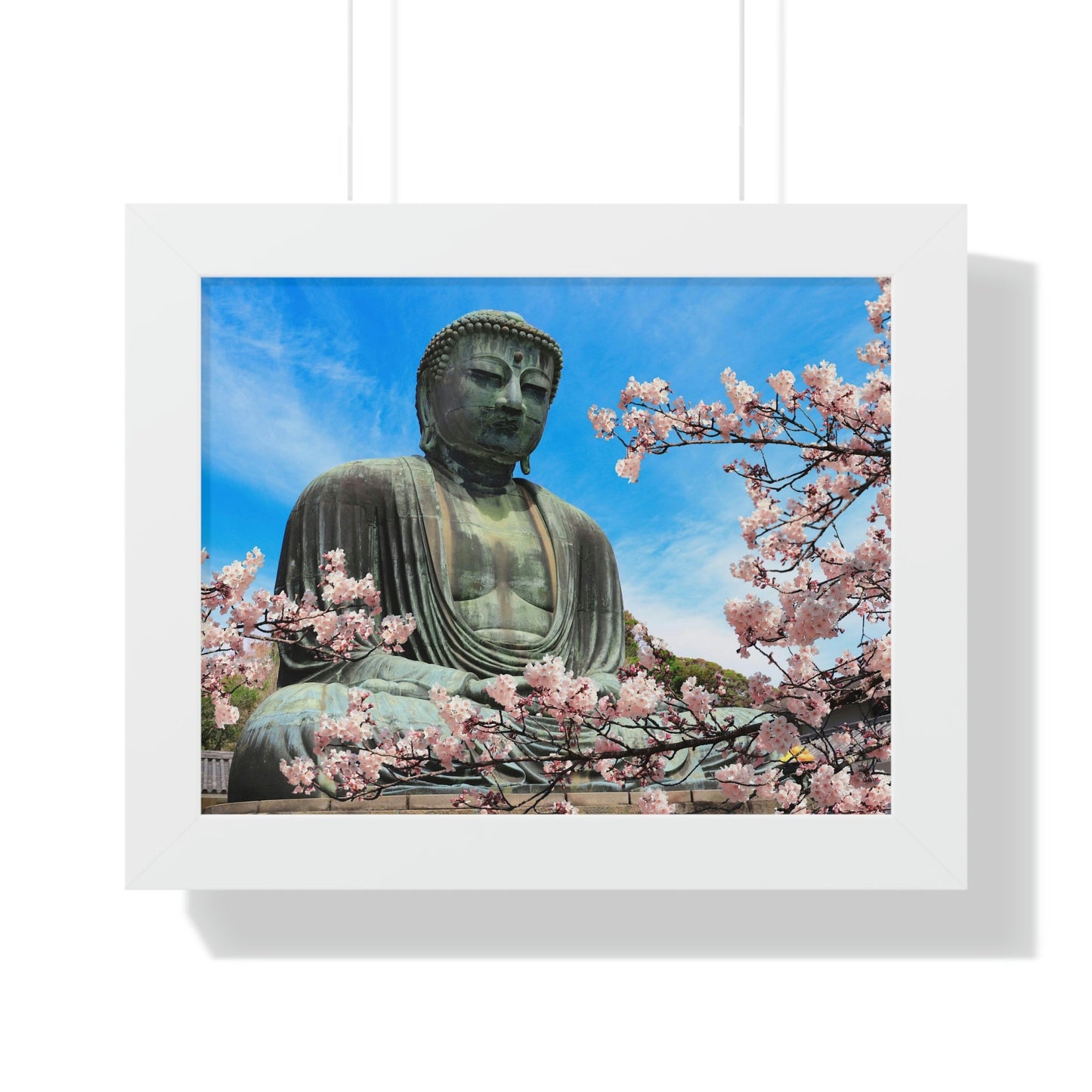 Buddhism -Framed Horizontal Poster - The Great Buddha and sakura flowers, Kotoku-in temple, Japan - Print in USA - Green Forest Home