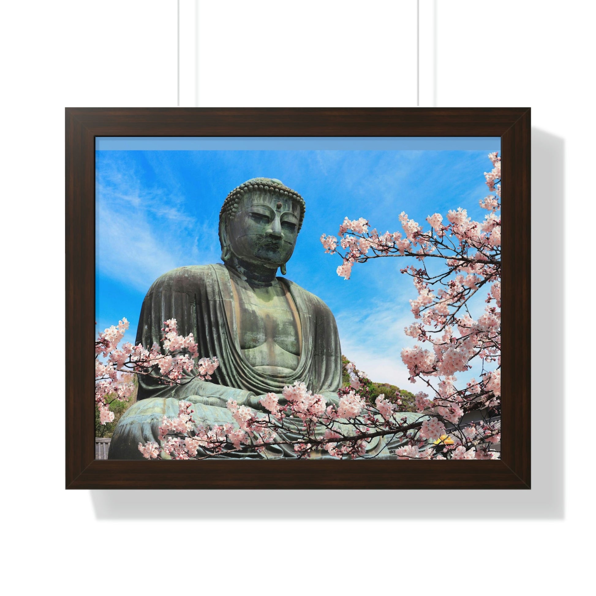 Buddhism -Framed Horizontal Poster - The Great Buddha and sakura flowers, Kotoku-in temple, Japan - Print in USA - Green Forest Home