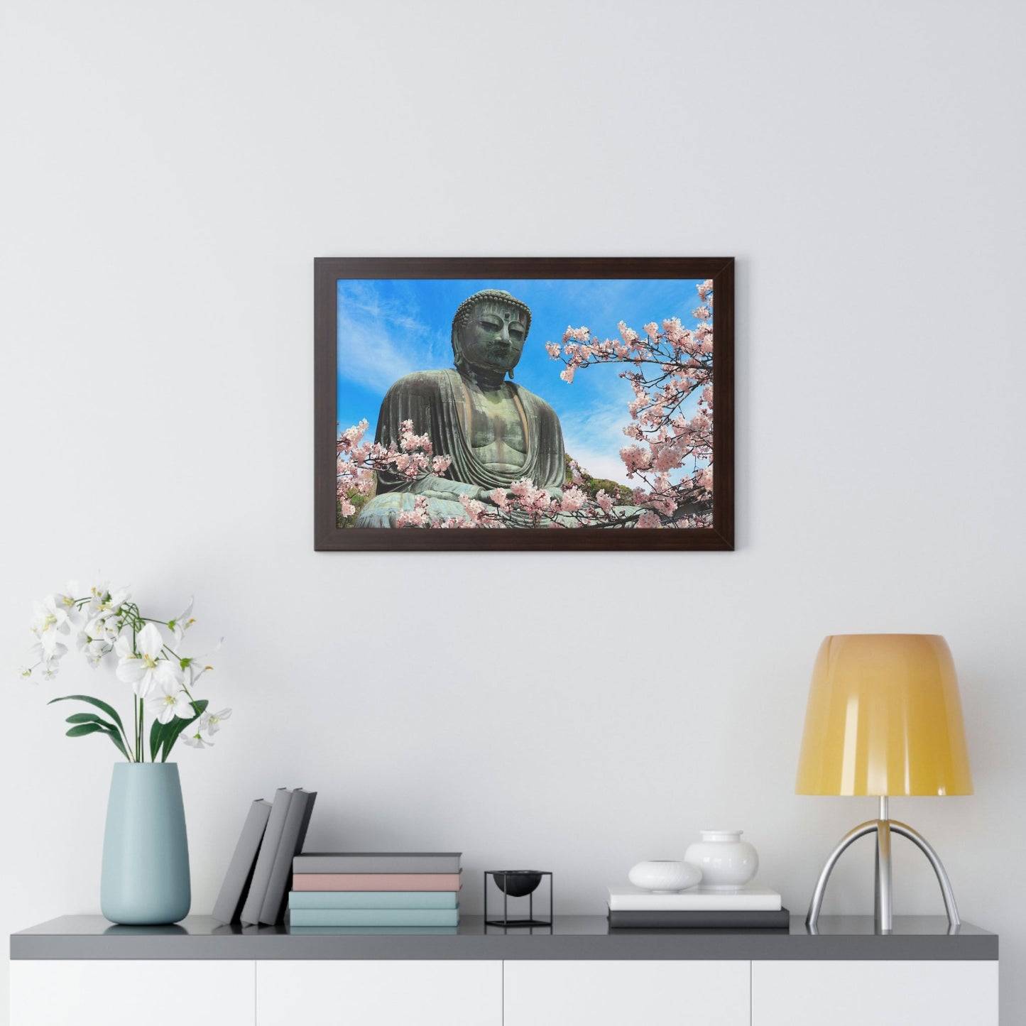 Buddhism -Framed Horizontal Poster - The Great Buddha and sakura flowers, Kotoku-in temple, Japan - Print in USA - Green Forest Home