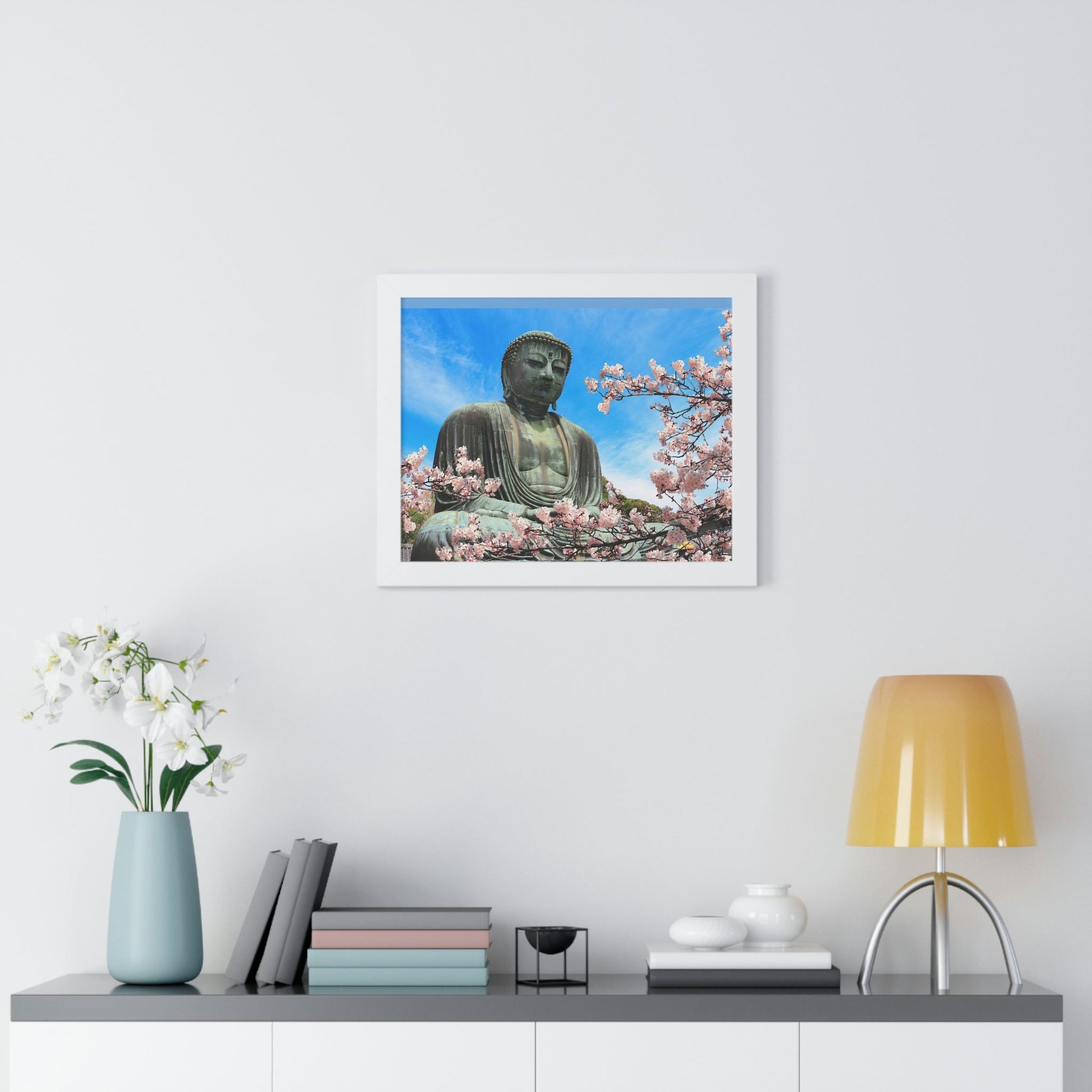 Buddhism -Framed Horizontal Poster - The Great Buddha and sakura flowers, Kotoku-in temple, Japan - Print in USA - Green Forest Home