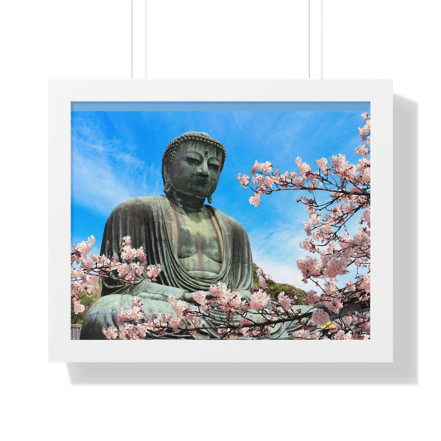 Buddhism -Framed Horizontal Poster - The Great Buddha and sakura flowers, Kotoku-in temple, Japan - Print in USA - Green Forest Home