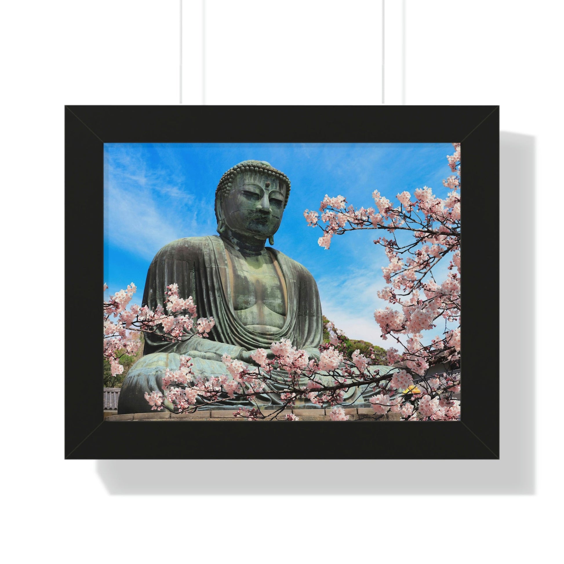 Buddhism -Framed Horizontal Poster - The Great Buddha and sakura flowers, Kotoku-in temple, Japan - Print in USA - Green Forest Home