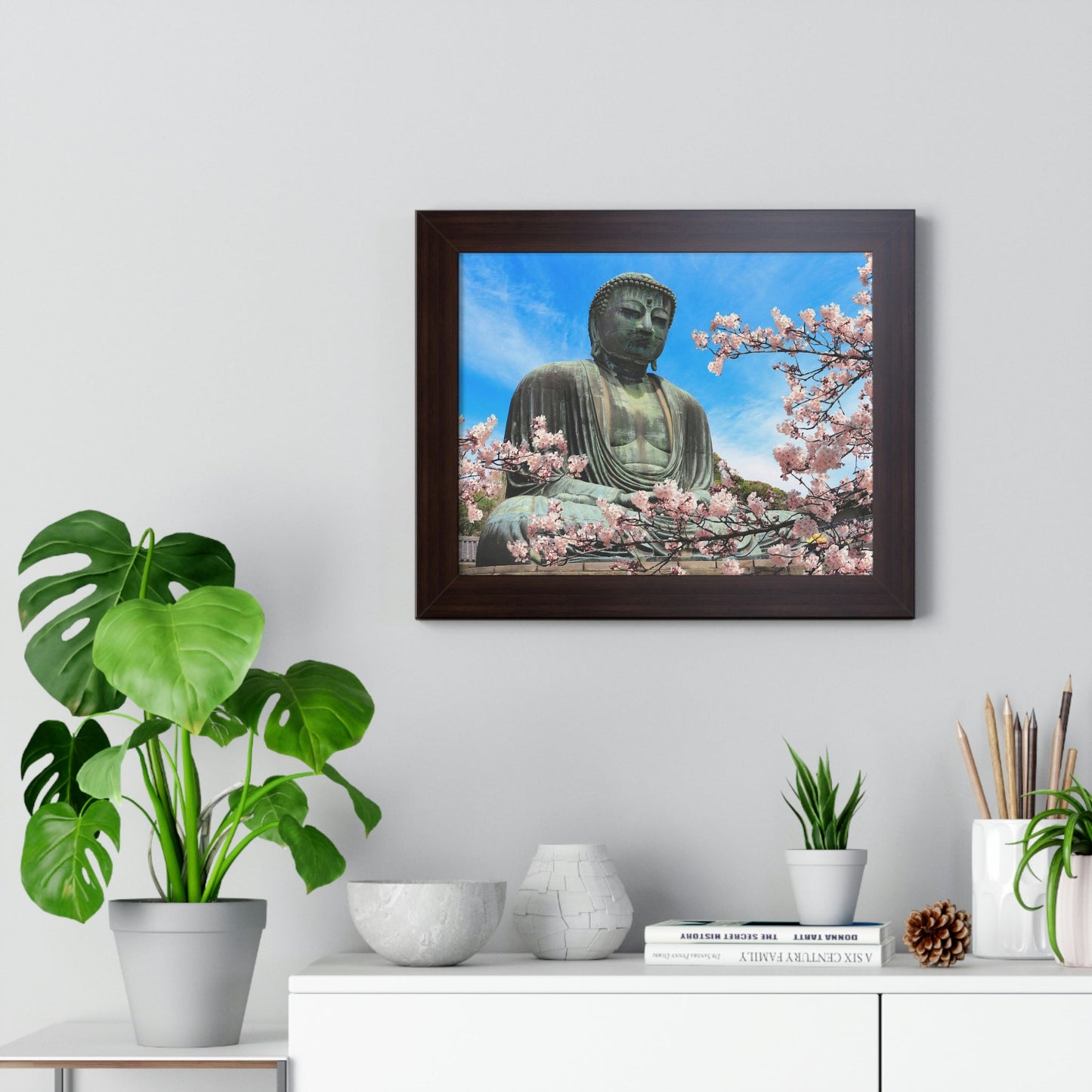 Buddhism -Framed Horizontal Poster - The Great Buddha and sakura flowers, Kotoku-in temple, Japan - Print in USA - Green Forest Home