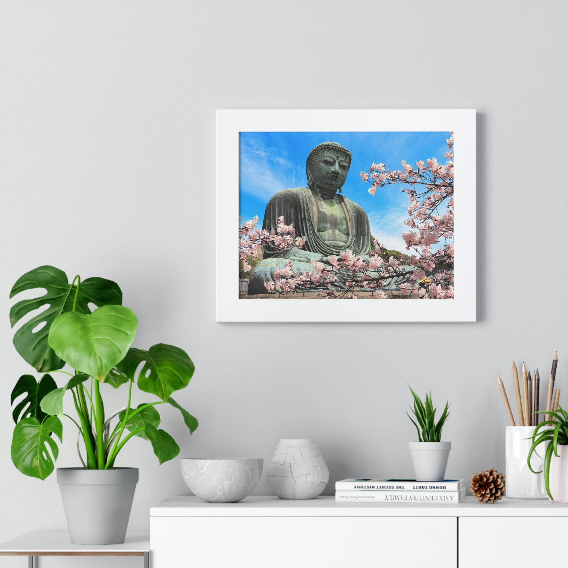 Buddhism -Framed Horizontal Poster - The Great Buddha and sakura flowers, Kotoku-in temple, Japan - Print in USA - Green Forest Home