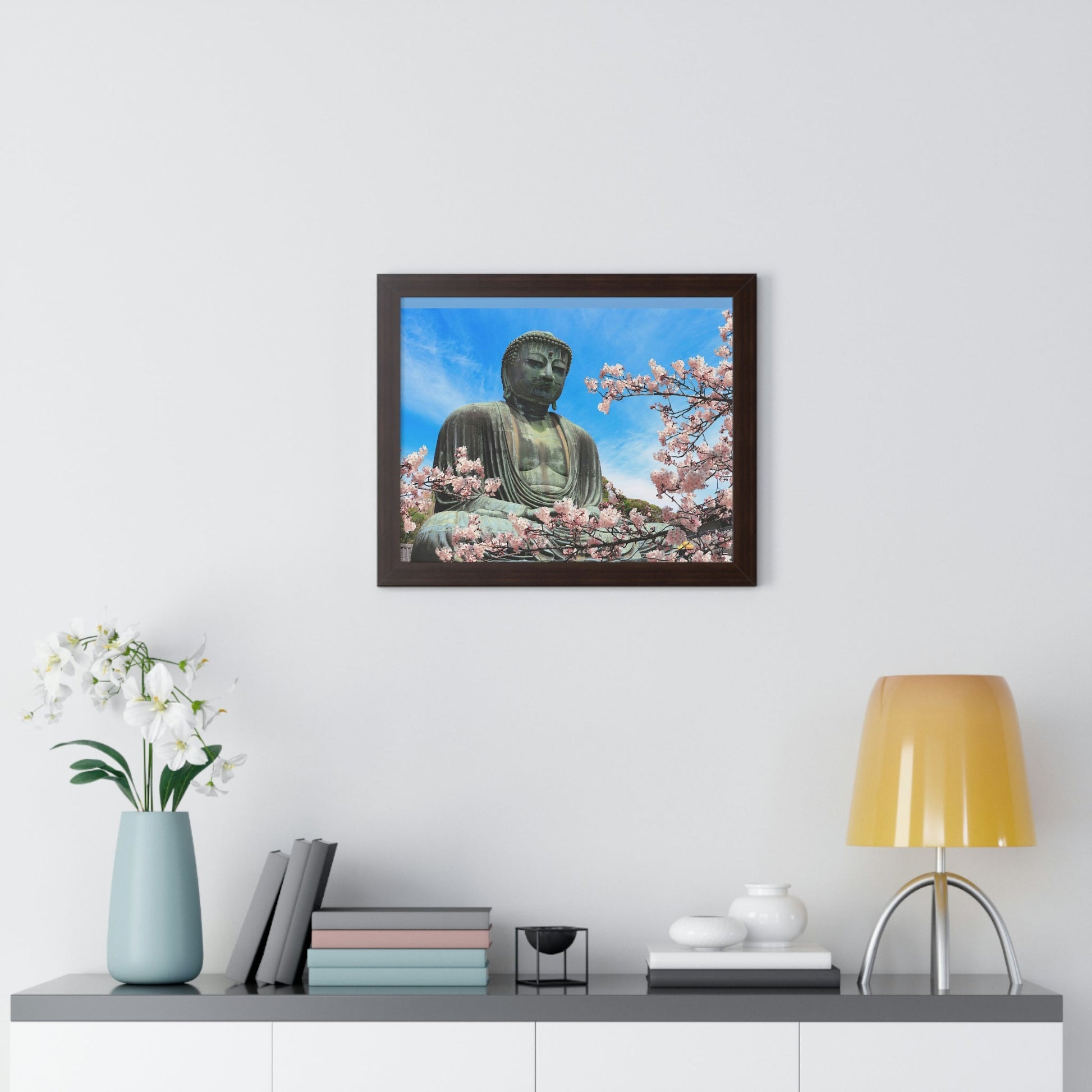 Buddhism -Framed Horizontal Poster - The Great Buddha and sakura flowers, Kotoku-in temple, Japan - Print in USA - Green Forest Home