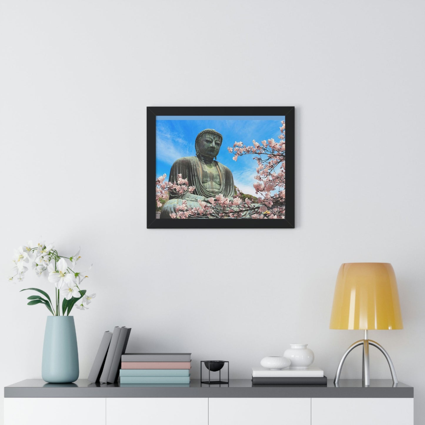 Buddhism -Framed Horizontal Poster - The Great Buddha and sakura flowers, Kotoku-in temple, Japan - Print in USA - Green Forest Home