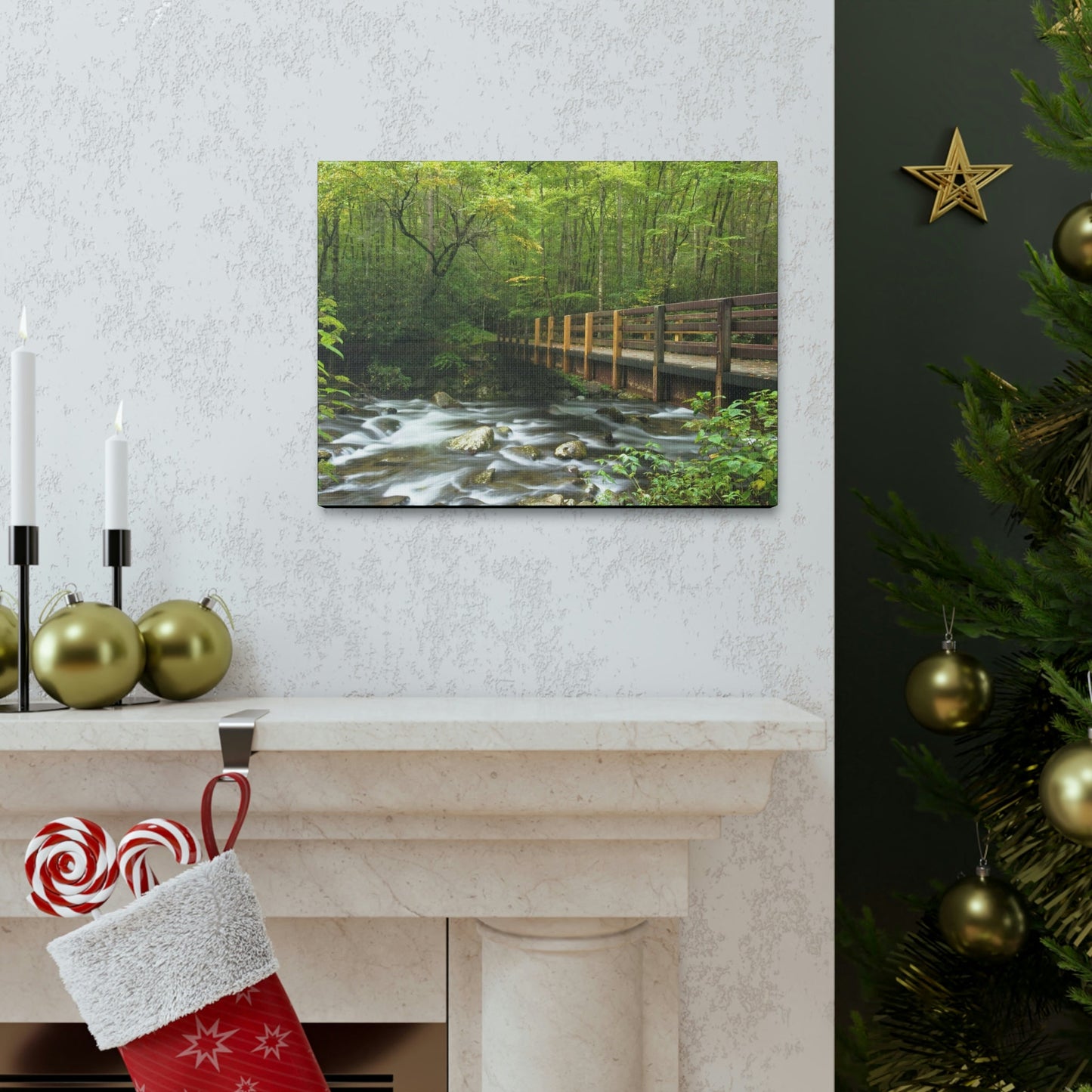 Canvas Gallery Wraps - Bridge over placid mountain stream in Smoky Mountain National Park in Summer in Mountain National Park (SMNP) USA - Green Forest Home