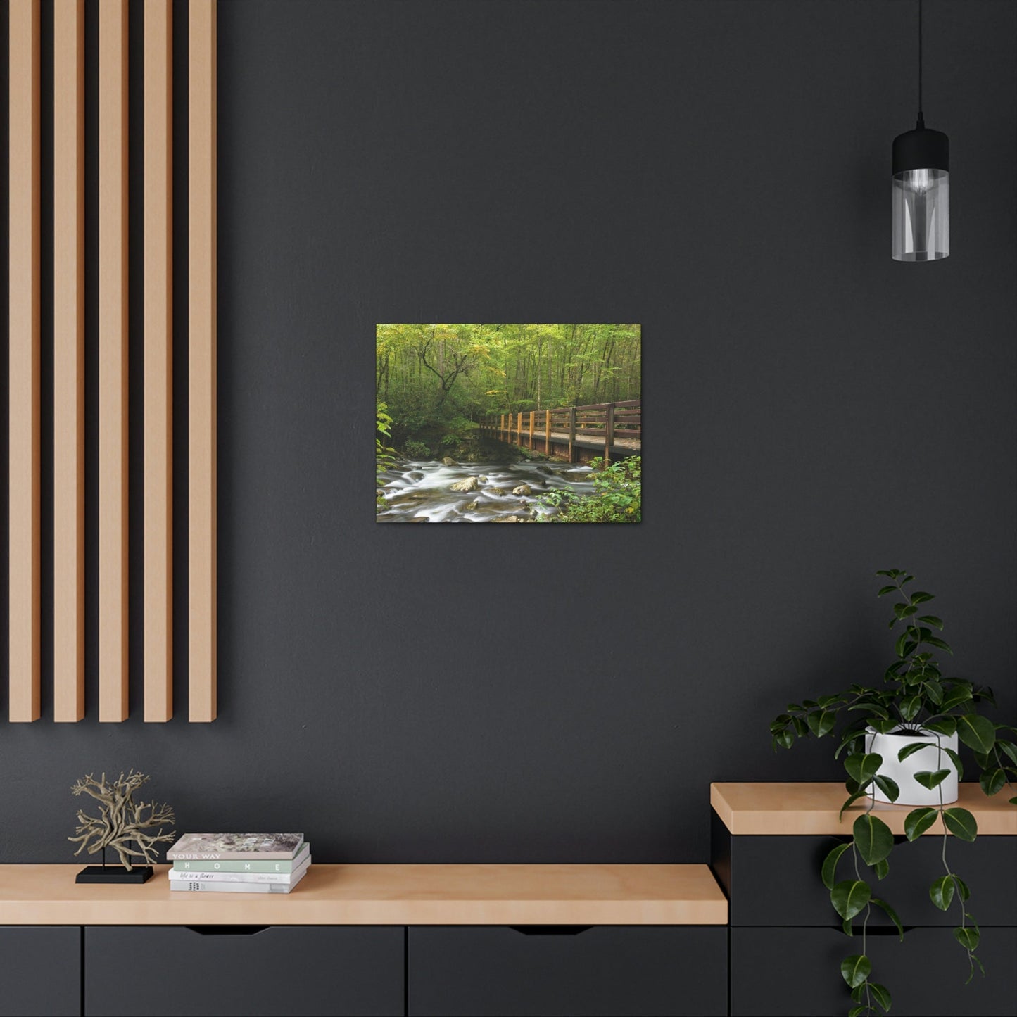 Canvas Gallery Wraps - Bridge over placid mountain stream in Smoky Mountain National Park in Summer in Mountain National Park (SMNP) USA - Green Forest Home