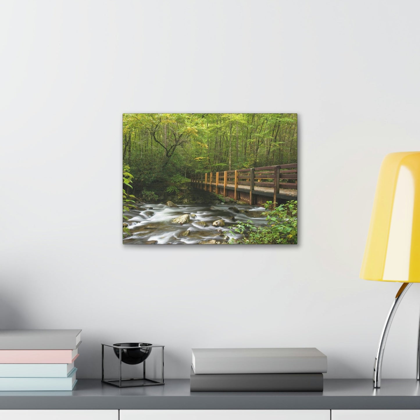 Canvas Gallery Wraps - Bridge over placid mountain stream in Smoky Mountain National Park in Summer in Mountain National Park (SMNP) USA - Green Forest Home