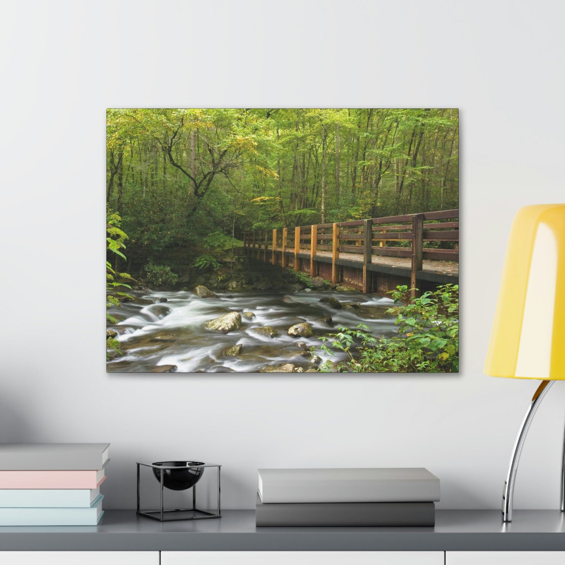 Canvas Gallery Wraps - Bridge over placid mountain stream in Smoky Mountain National Park in Summer in Mountain National Park (SMNP) USA - Green Forest Home