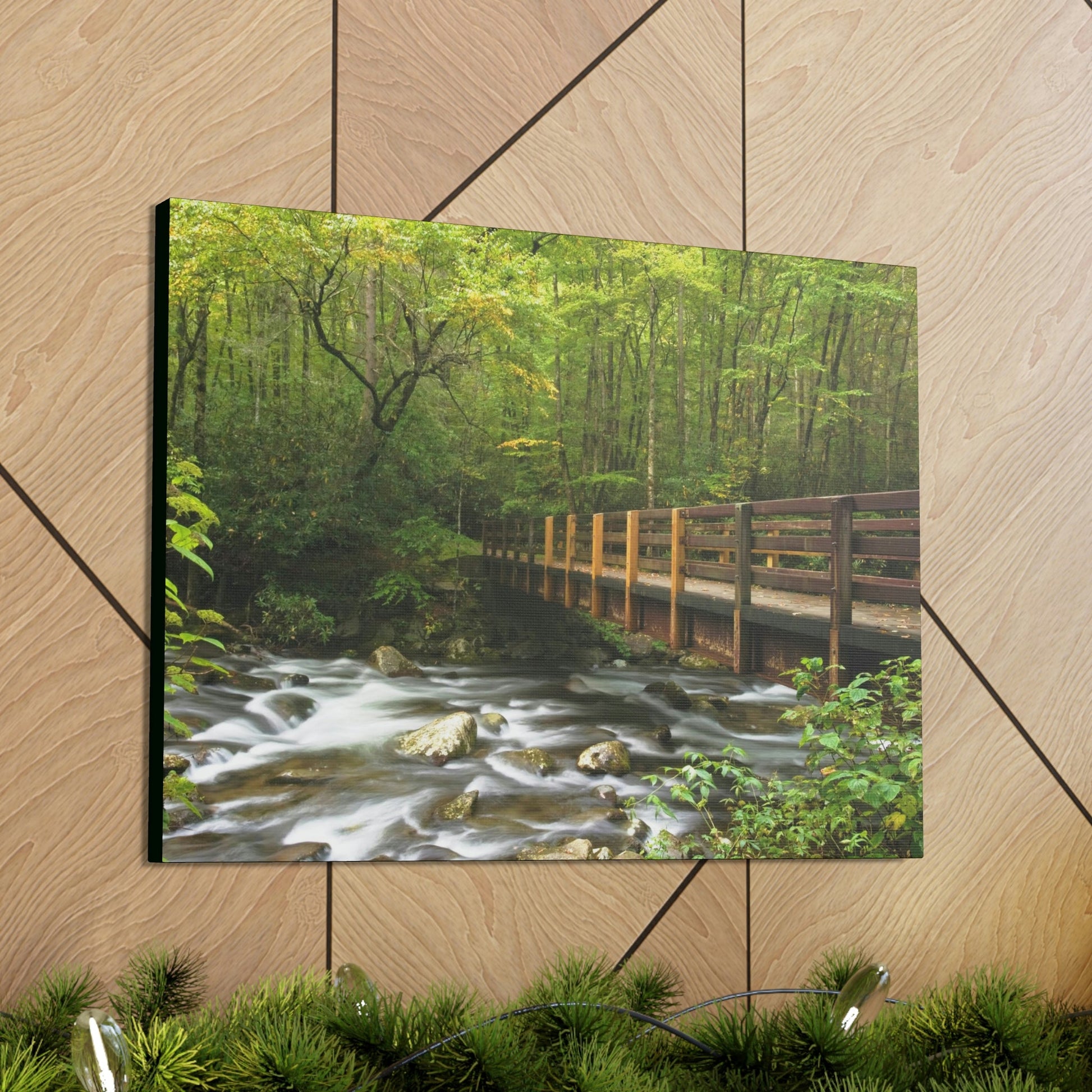 Canvas Gallery Wraps - Bridge over placid mountain stream in Smoky Mountain National Park in Summer in Mountain National Park (SMNP) USA - Green Forest Home