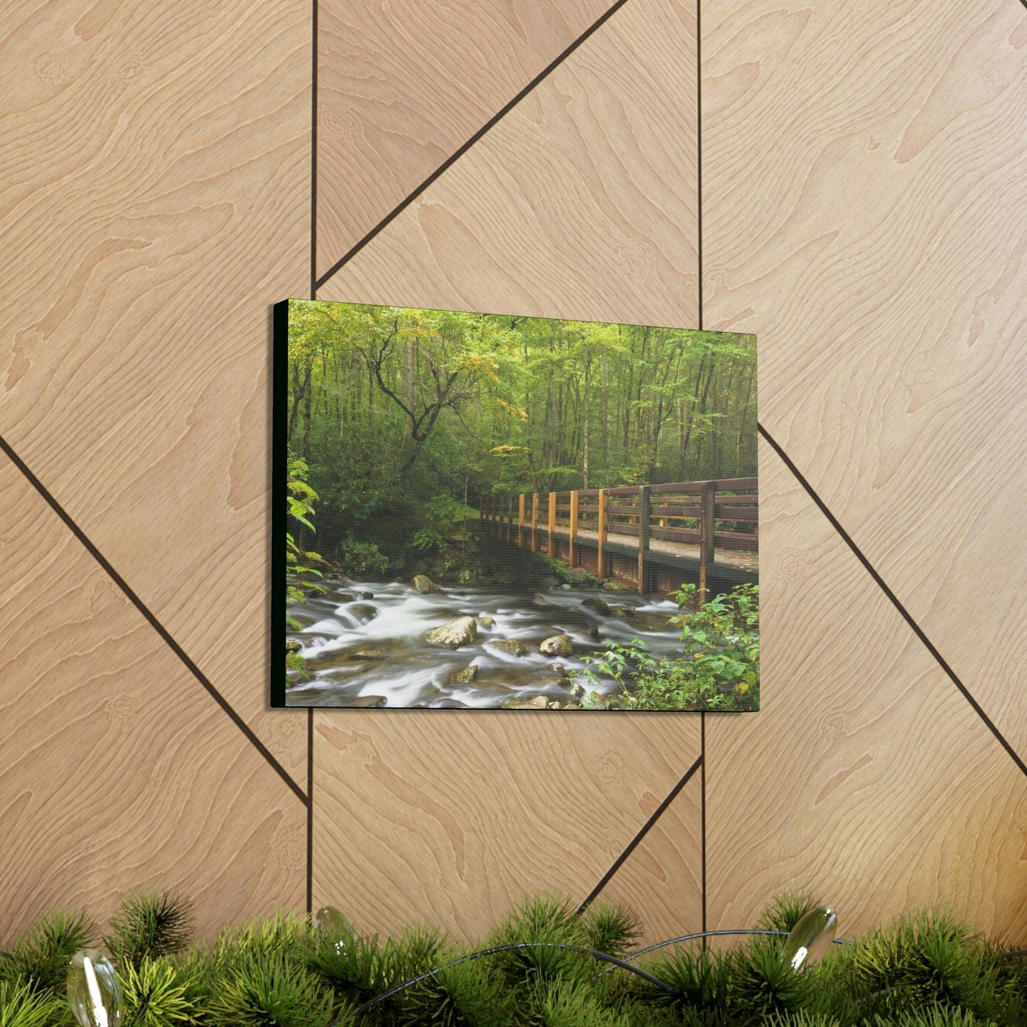 Canvas Gallery Wraps - Bridge over placid mountain stream in Smoky Mountain National Park in Summer in Mountain National Park (SMNP) USA - Green Forest Home