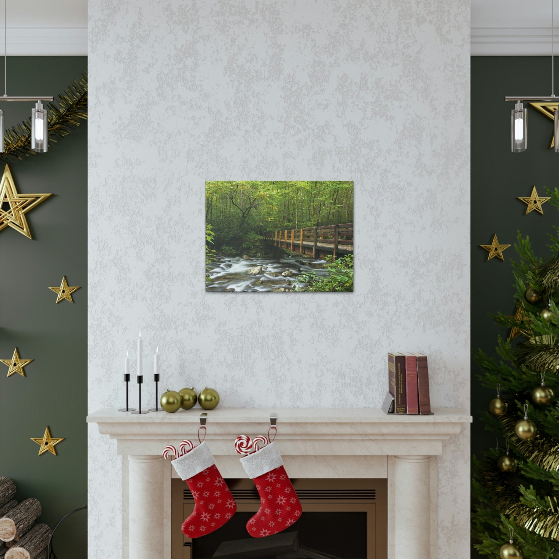 Canvas Gallery Wraps - Bridge over placid mountain stream in Smoky Mountain National Park in Summer in Mountain National Park (SMNP) USA - Green Forest Home