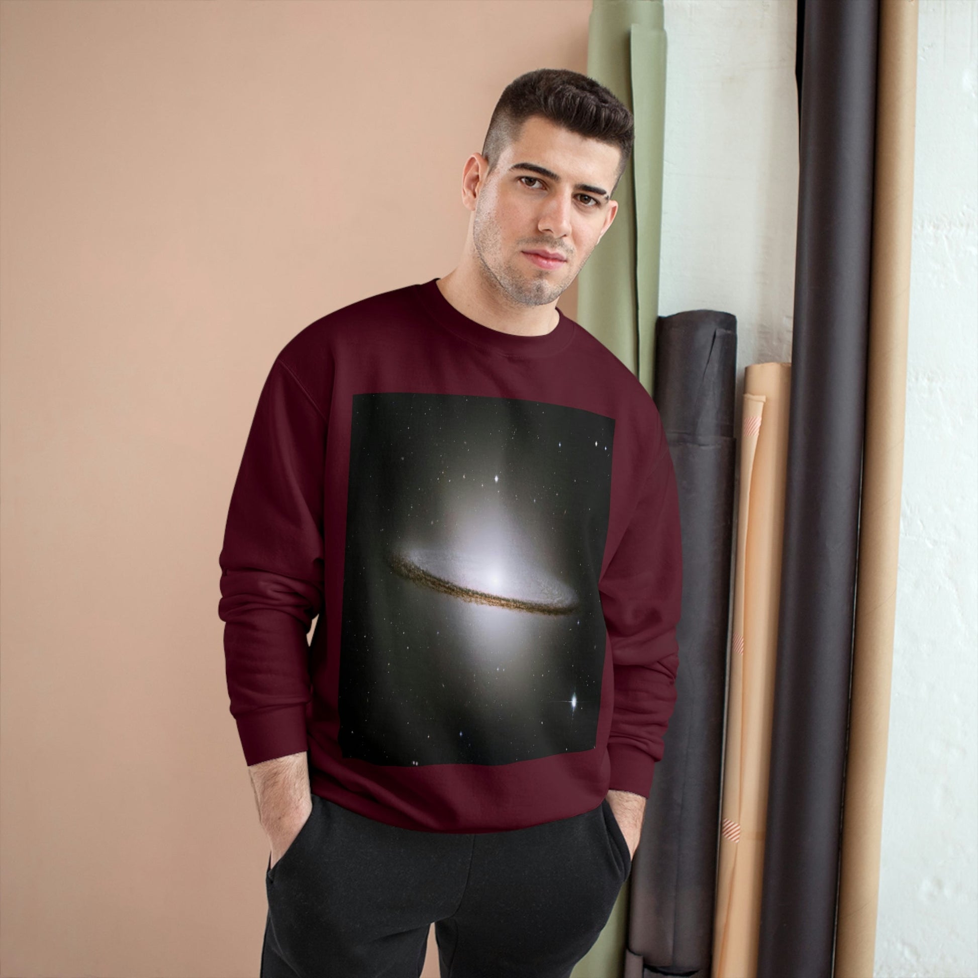 Champion Sweatshirt - NASA/HUBBLE achievements - images of distant Galaxies like El Sombrero and spiral Galaxy in back - Green Forest Home