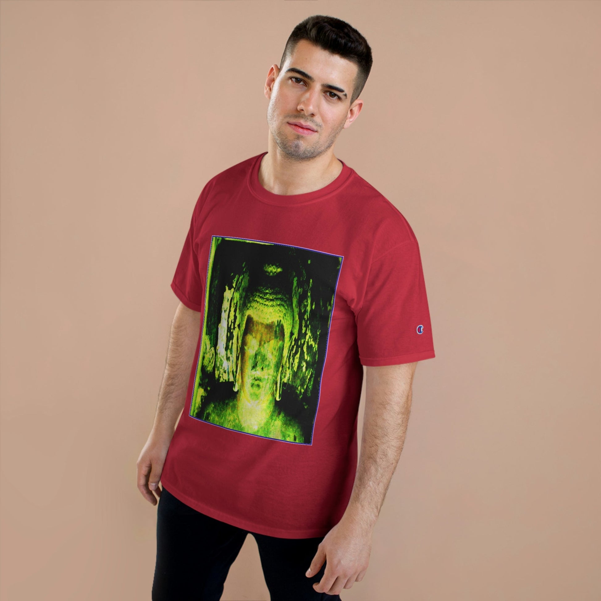 Champion T-Shirt - Buddha in deep contemplation - Ajanta caves inner chamber - India - Green Forest Home