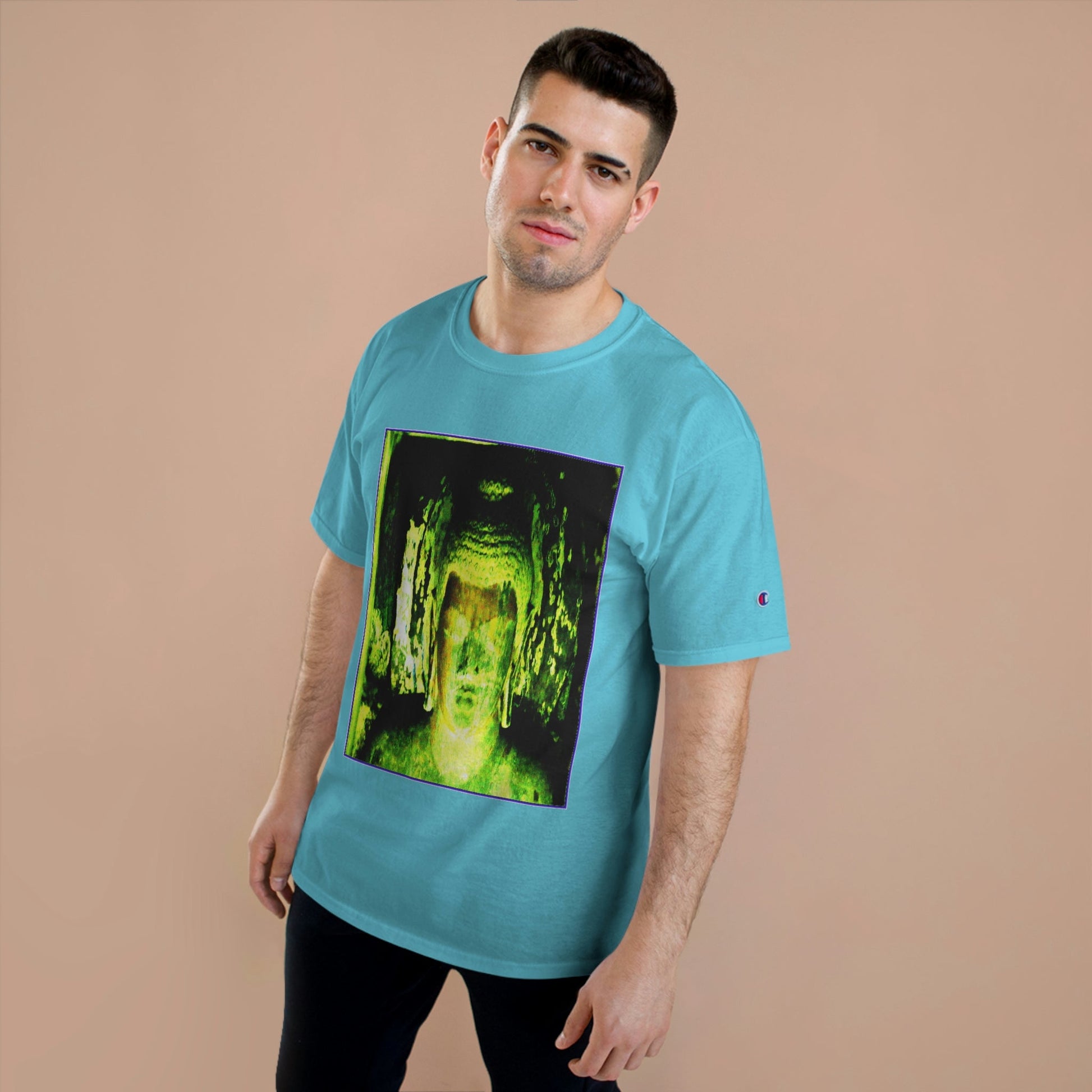 Champion T-Shirt - Buddha in deep contemplation - Ajanta caves inner chamber - India - Green Forest Home