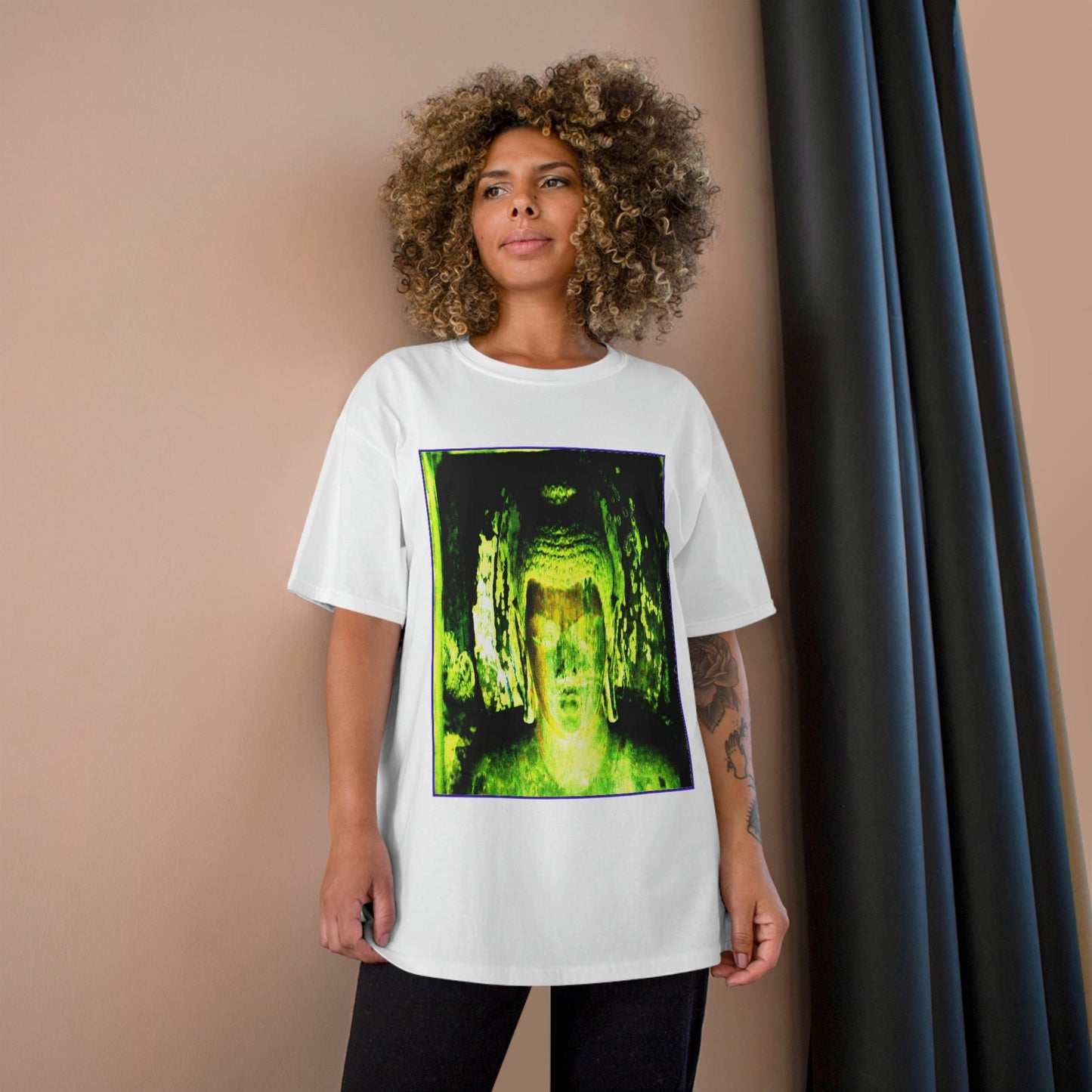 Champion T-Shirt - Buddha in deep contemplation - Ajanta caves inner chamber - India - Green Forest Home