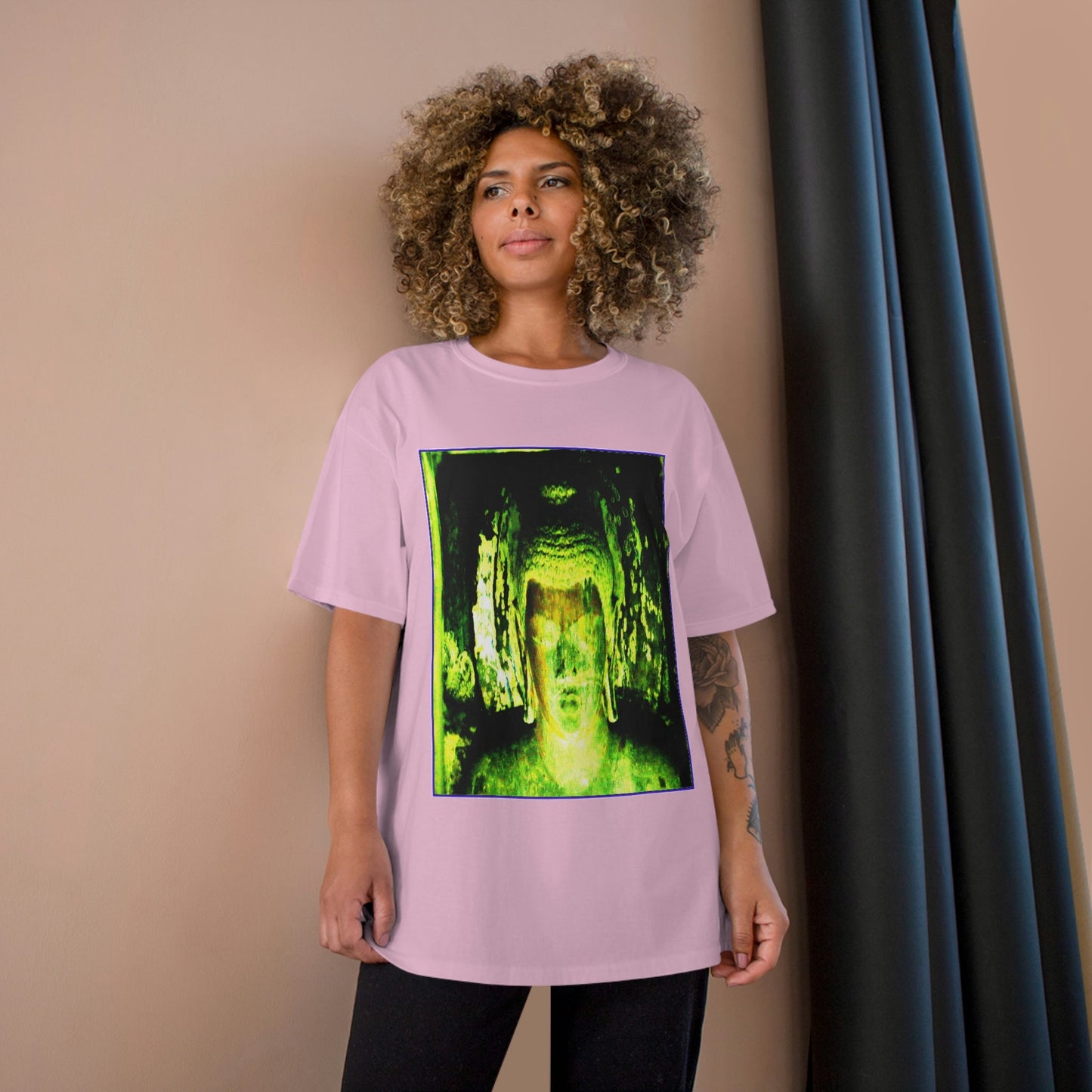 Champion T-Shirt - Buddha in deep contemplation - Ajanta caves inner chamber - India - Green Forest Home