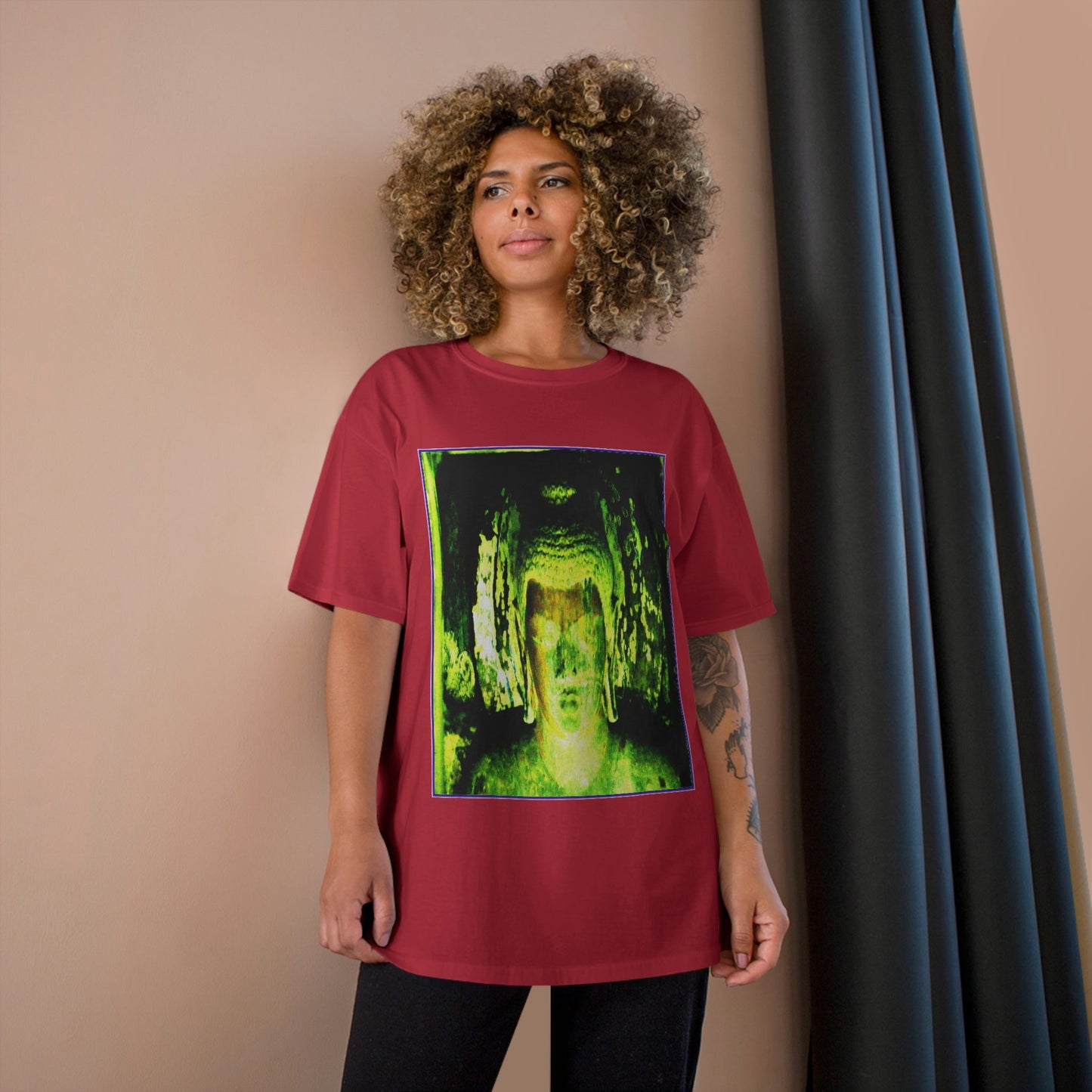 Champion T-Shirt - Buddha in deep contemplation - Ajanta caves inner chamber - India - Green Forest Home