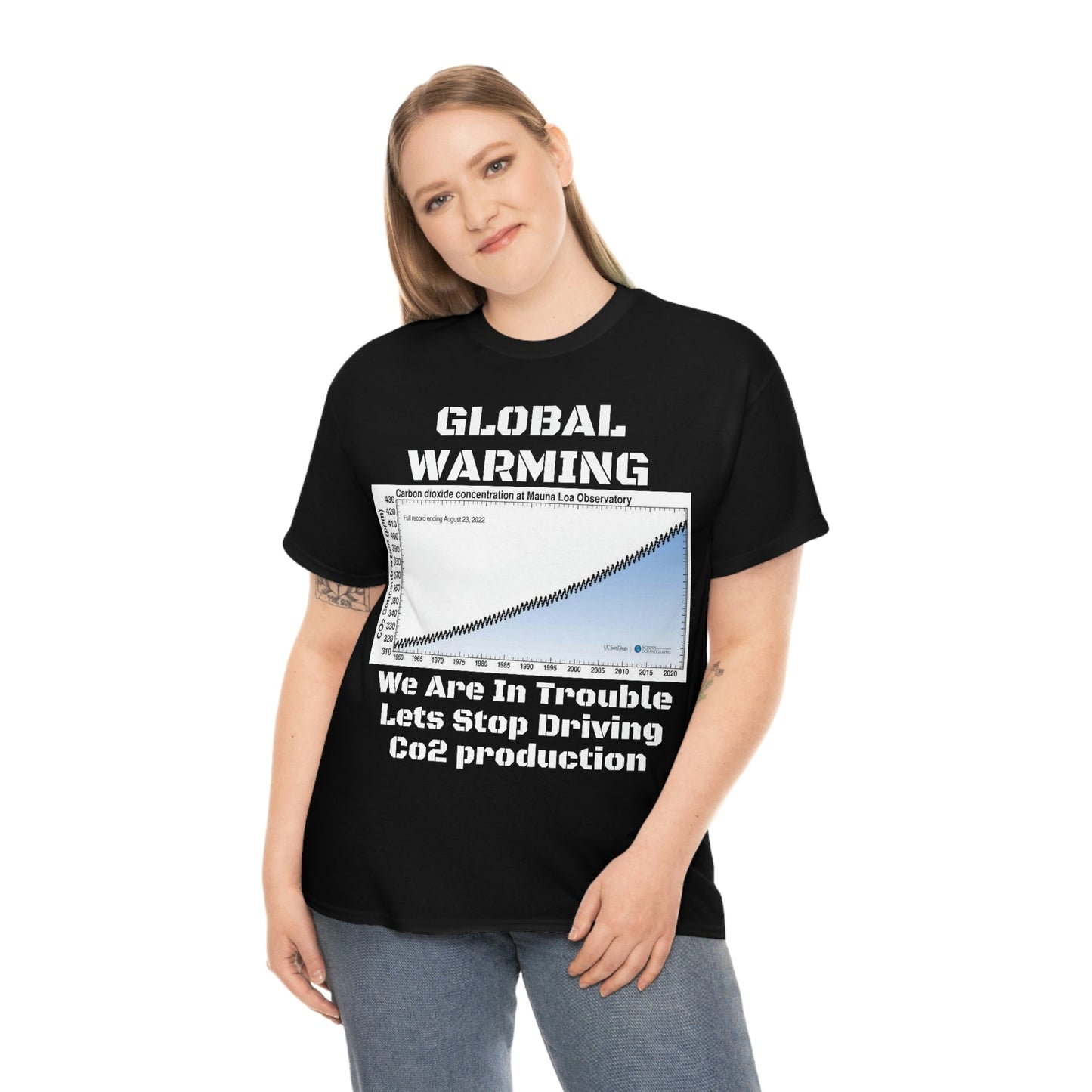 Copy of Global Warming - Unisex Heavy Cotton Tee - Quality Gildan 5000 - With Keeling CO2 Chart and Images of Weather Extremes - Lets Stop Driving - Green Forest Home