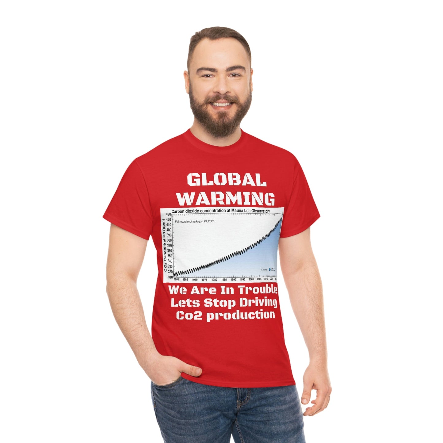 Copy of Global Warming - Unisex Heavy Cotton Tee - Quality Gildan 5000 - With Keeling CO2 Chart and Images of Weather Extremes - Lets Stop Driving - Green Forest Home