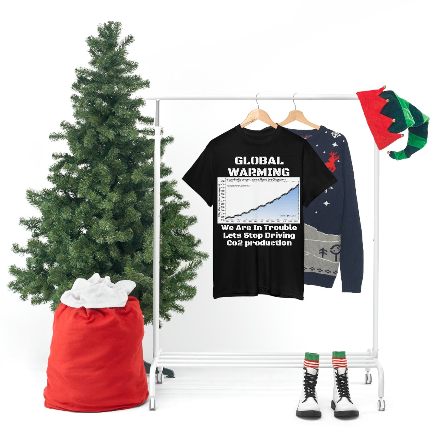 Copy of Global Warming - Unisex Heavy Cotton Tee - Quality Gildan 5000 - With Keeling CO2 Chart and Images of Weather Extremes - Lets Stop Driving - Green Forest Home