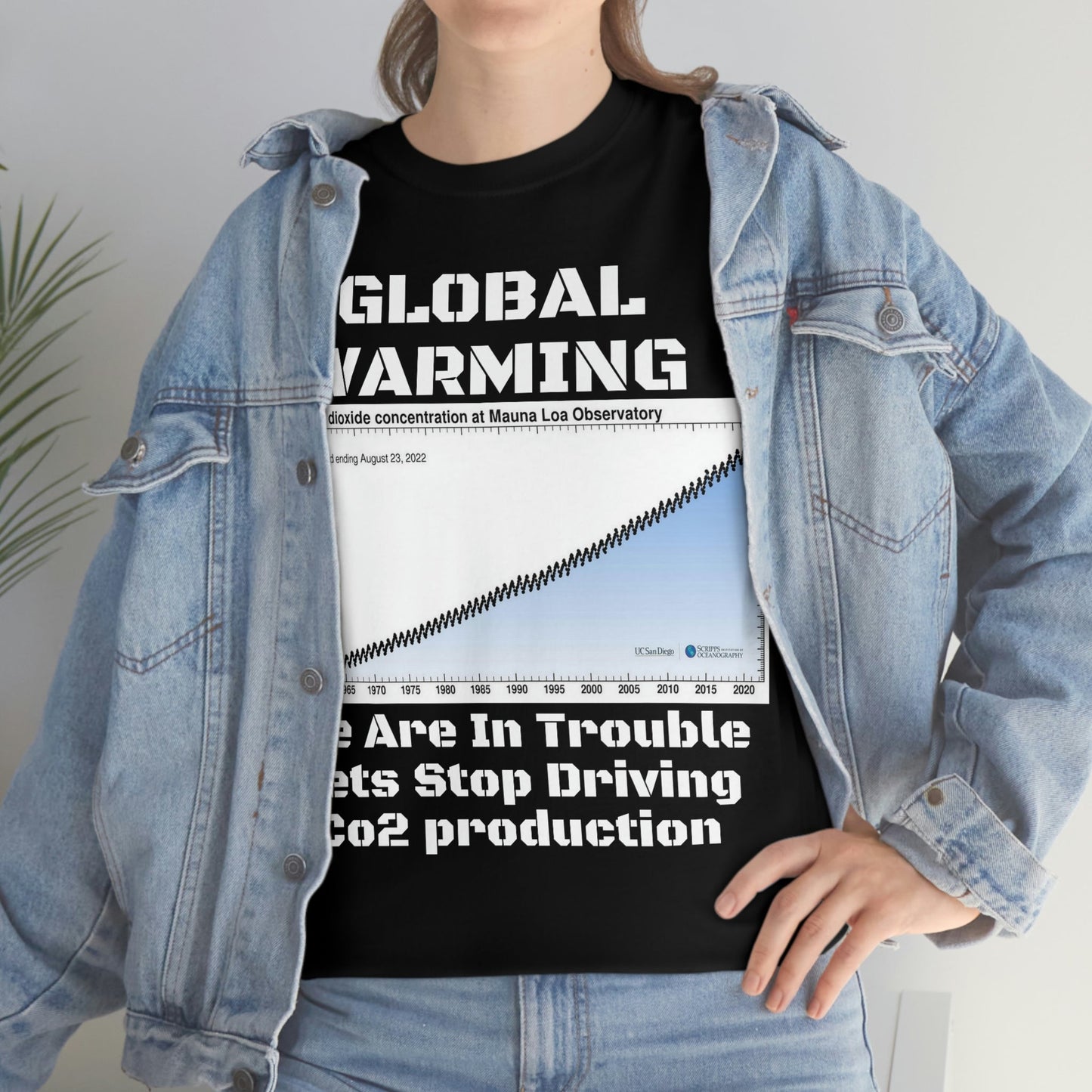 Copy of Global Warming - Unisex Heavy Cotton Tee - Quality Gildan 5000 - With Keeling CO2 Chart and Images of Weather Extremes - Lets Stop Driving - Green Forest Home