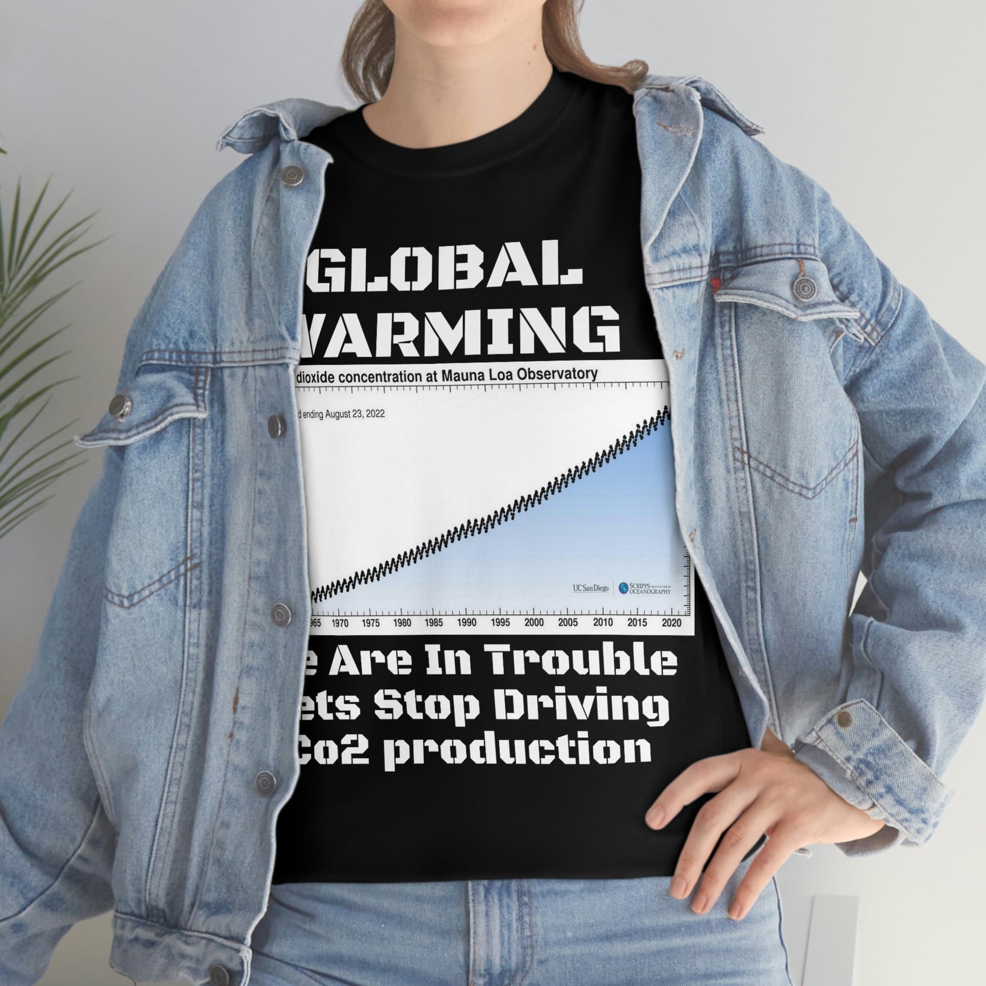 Copy of Global Warming - Unisex Heavy Cotton Tee - Quality Gildan 5000 - With Keeling CO2 Chart and Images of Weather Extremes - Lets Stop Driving - Green Forest Home