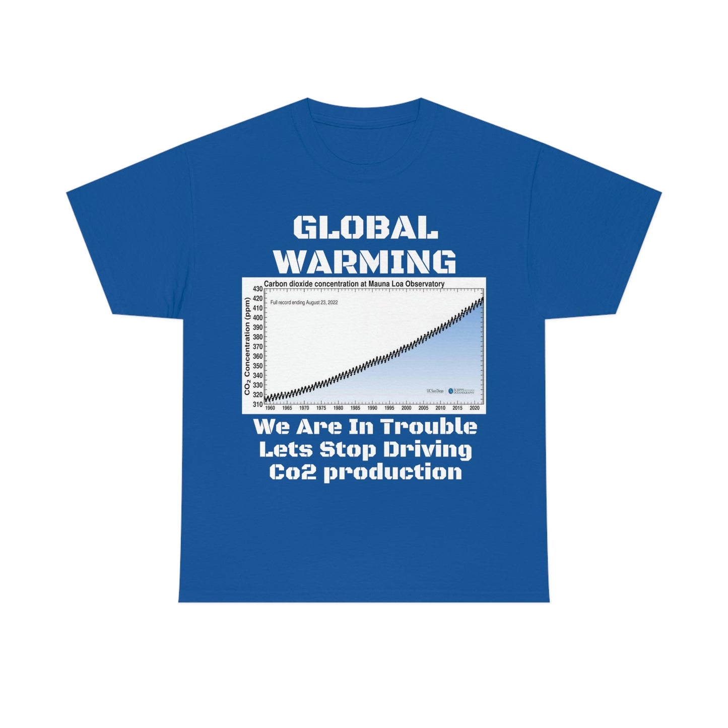 Copy of Global Warming - Unisex Heavy Cotton Tee - Quality Gildan 5000 - With Keeling CO2 Chart and Images of Weather Extremes - Lets Stop Driving - Green Forest Home