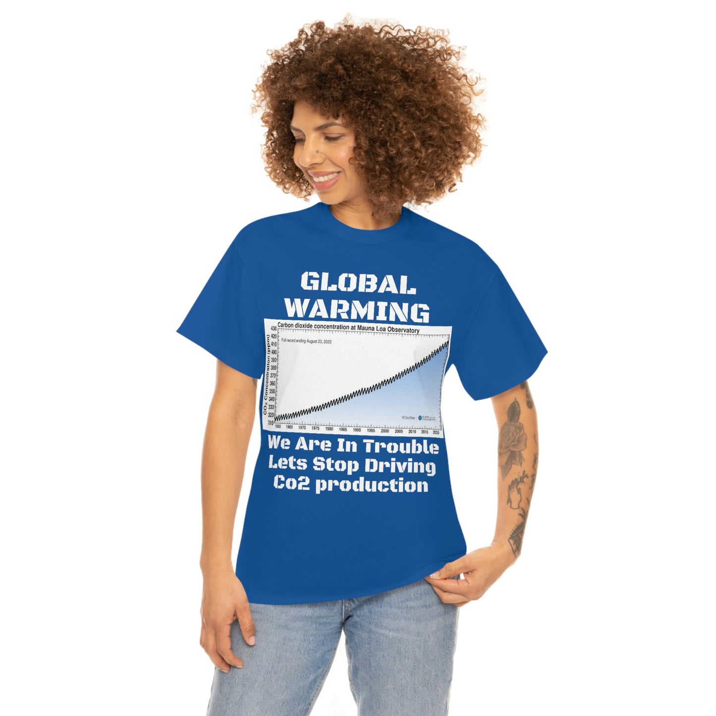 Copy of Global Warming - Unisex Heavy Cotton Tee - Quality Gildan 5000 - With Keeling CO2 Chart and Images of Weather Extremes - Lets Stop Driving - Green Forest Home