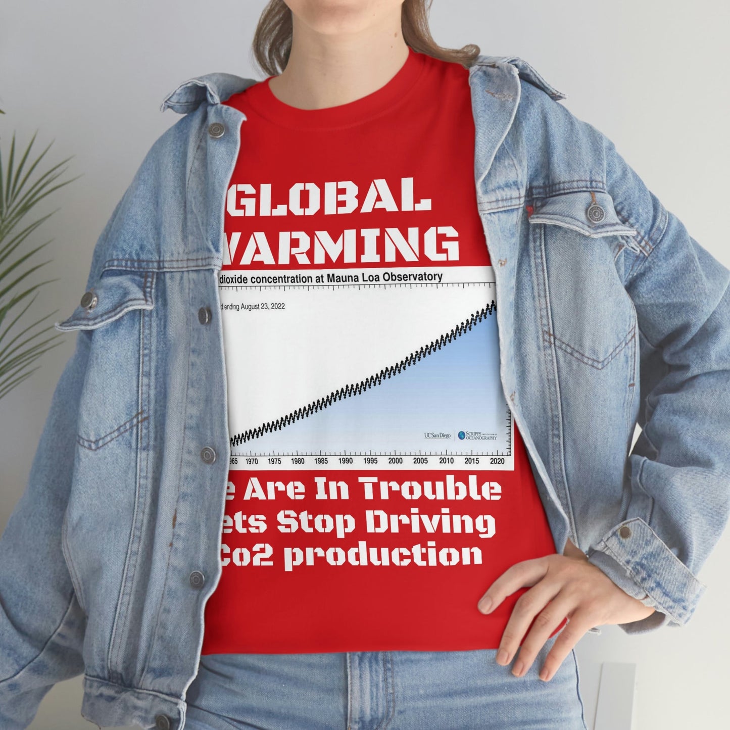 Copy of Global Warming - Unisex Heavy Cotton Tee - Quality Gildan 5000 - With Keeling CO2 Chart and Images of Weather Extremes - Lets Stop Driving - Green Forest Home