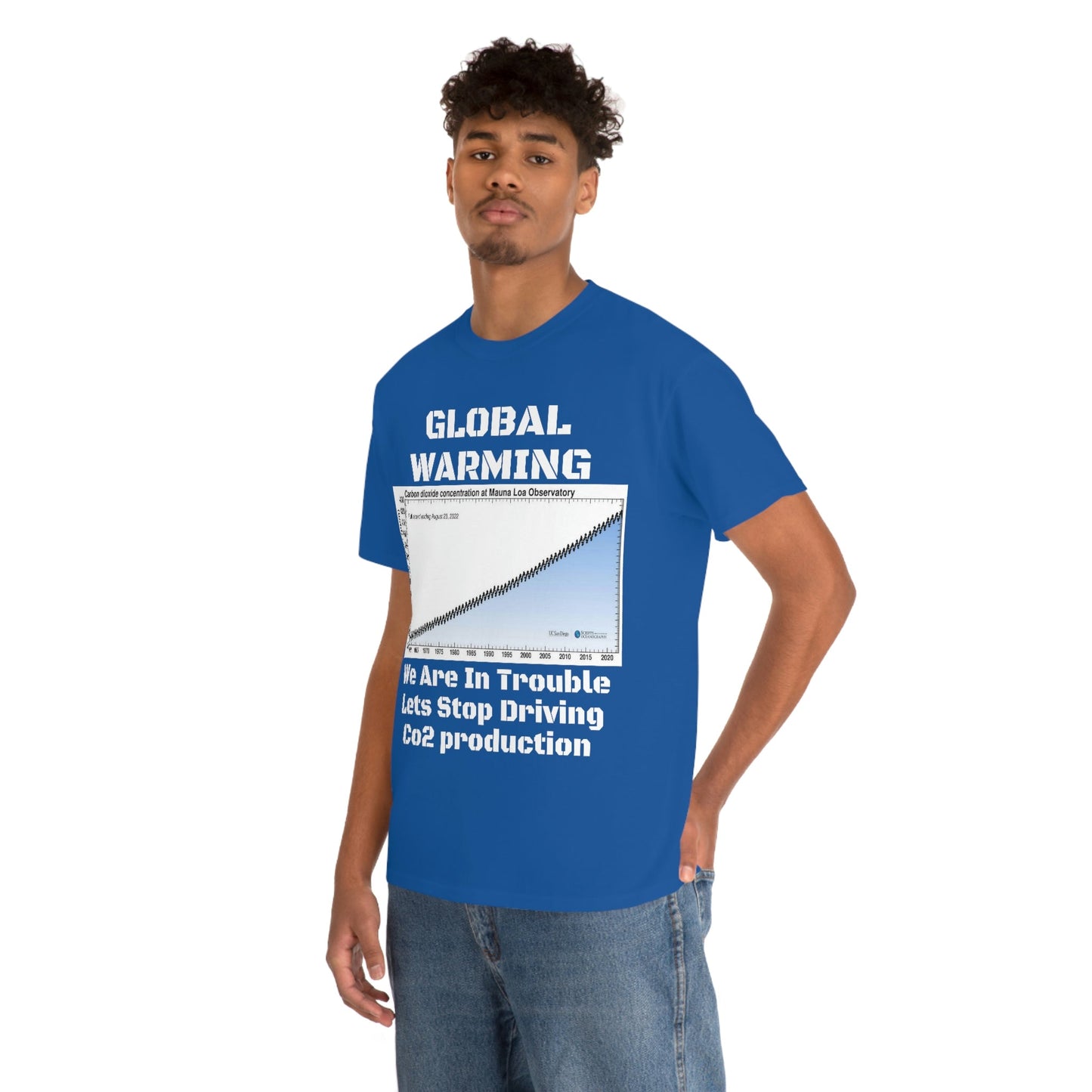 Copy of Global Warming - Unisex Heavy Cotton Tee - Quality Gildan 5000 - With Keeling CO2 Chart and Images of Weather Extremes - Lets Stop Driving - Green Forest Home