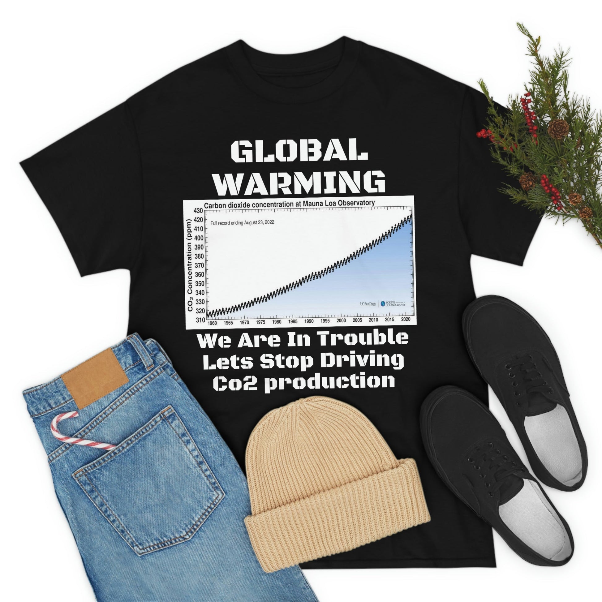 Copy of Global Warming - Unisex Heavy Cotton Tee - Quality Gildan 5000 - With Keeling CO2 Chart and Images of Weather Extremes - Lets Stop Driving - Green Forest Home