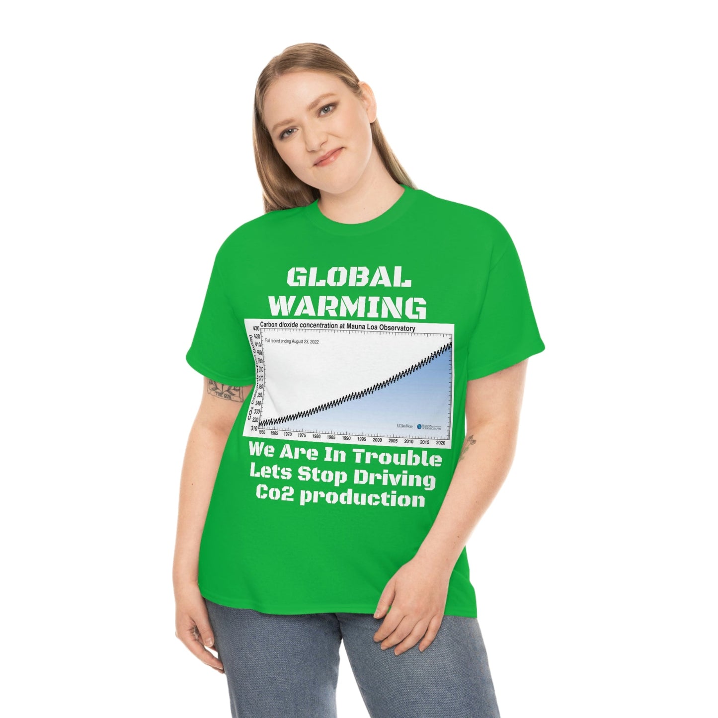 Copy of Global Warming - Unisex Heavy Cotton Tee - Quality Gildan 5000 - With Keeling CO2 Chart and Images of Weather Extremes - Lets Stop Driving - Green Forest Home