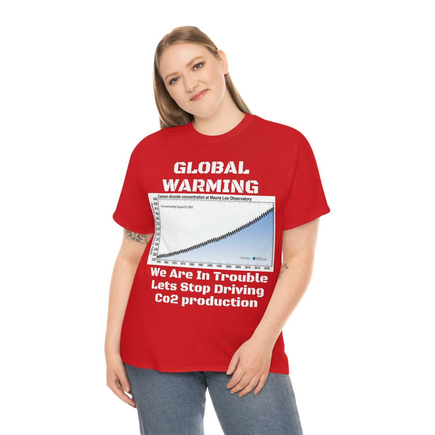 Copy of Global Warming - Unisex Heavy Cotton Tee - Quality Gildan 5000 - With Keeling CO2 Chart and Images of Weather Extremes - Lets Stop Driving - Green Forest Home