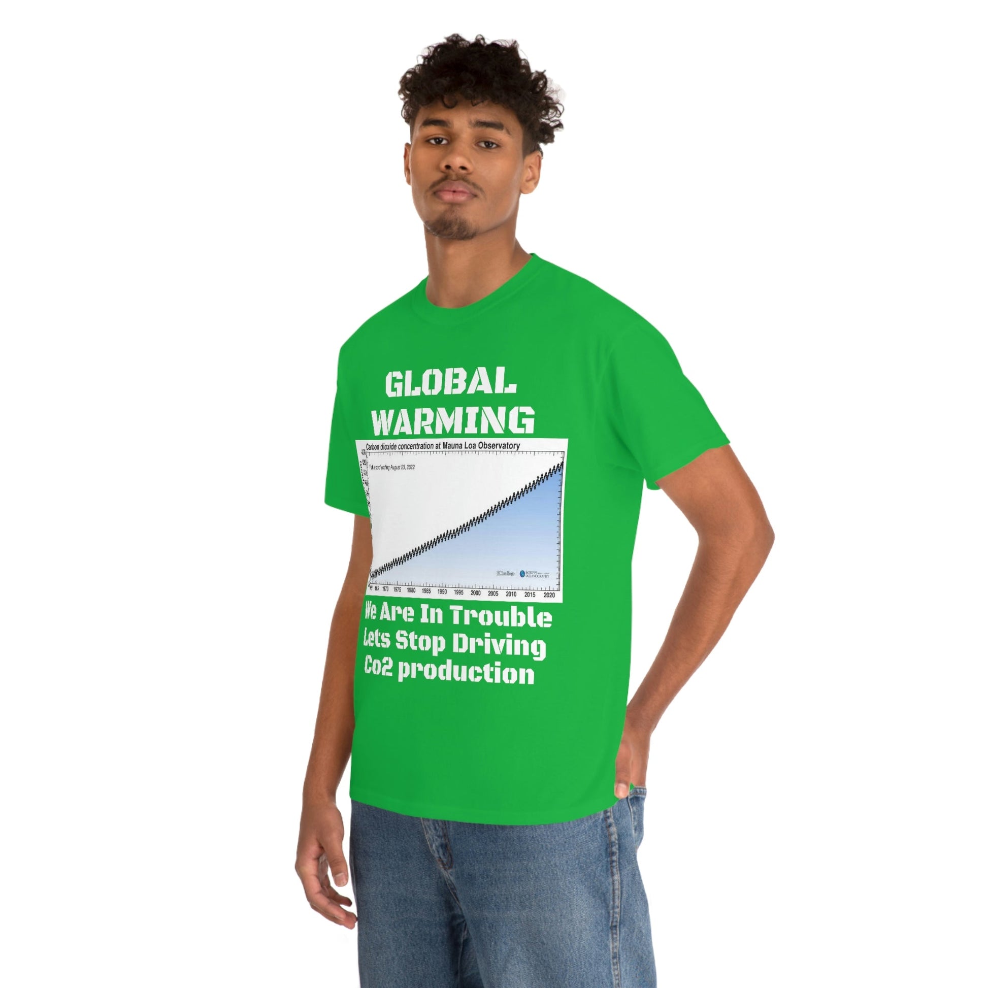 Copy of Global Warming - Unisex Heavy Cotton Tee - Quality Gildan 5000 - With Keeling CO2 Chart and Images of Weather Extremes - Lets Stop Driving - Green Forest Home