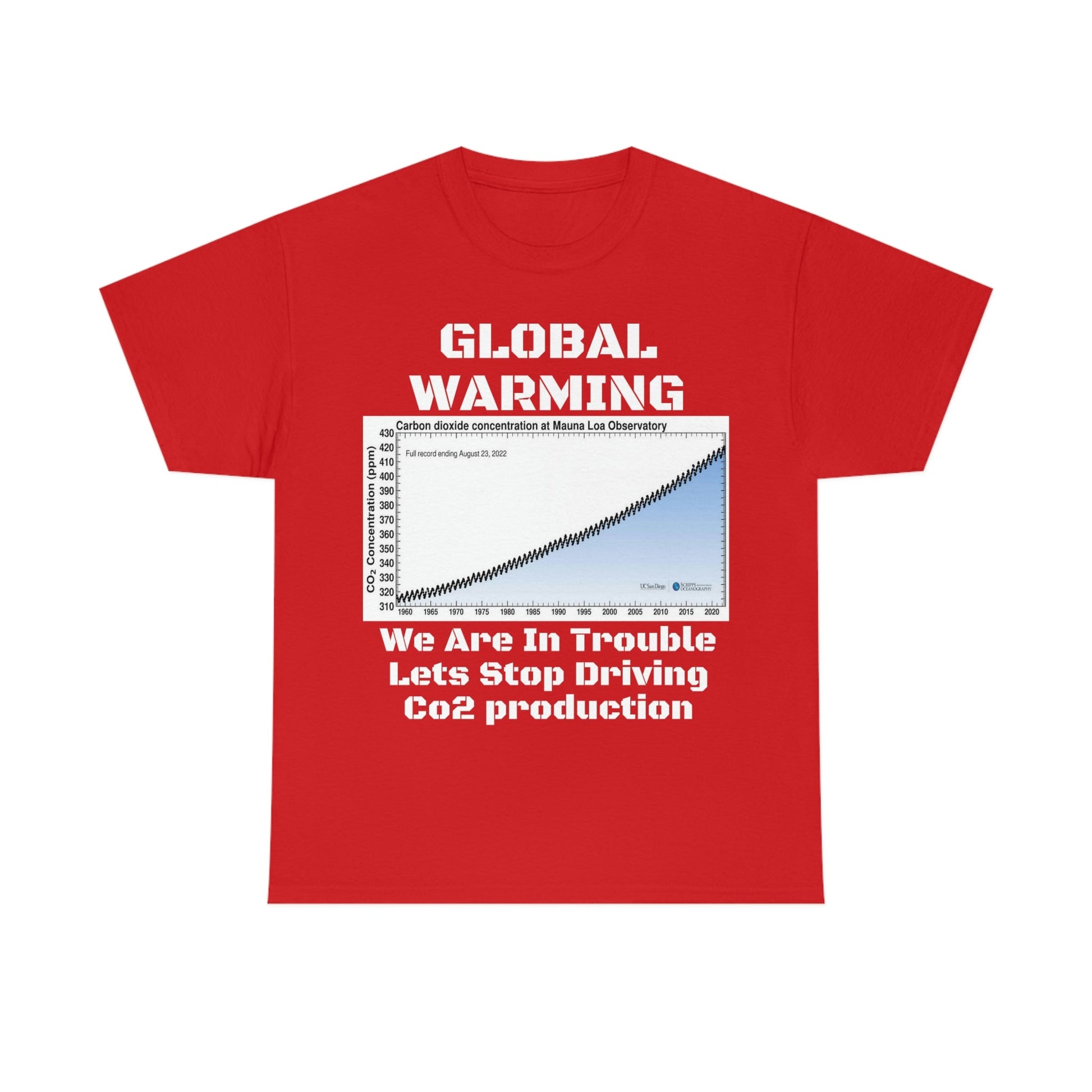 Copy of Global Warming - Unisex Heavy Cotton Tee - Quality Gildan 5000 - With Keeling CO2 Chart and Images of Weather Extremes - Lets Stop Driving - Green Forest Home