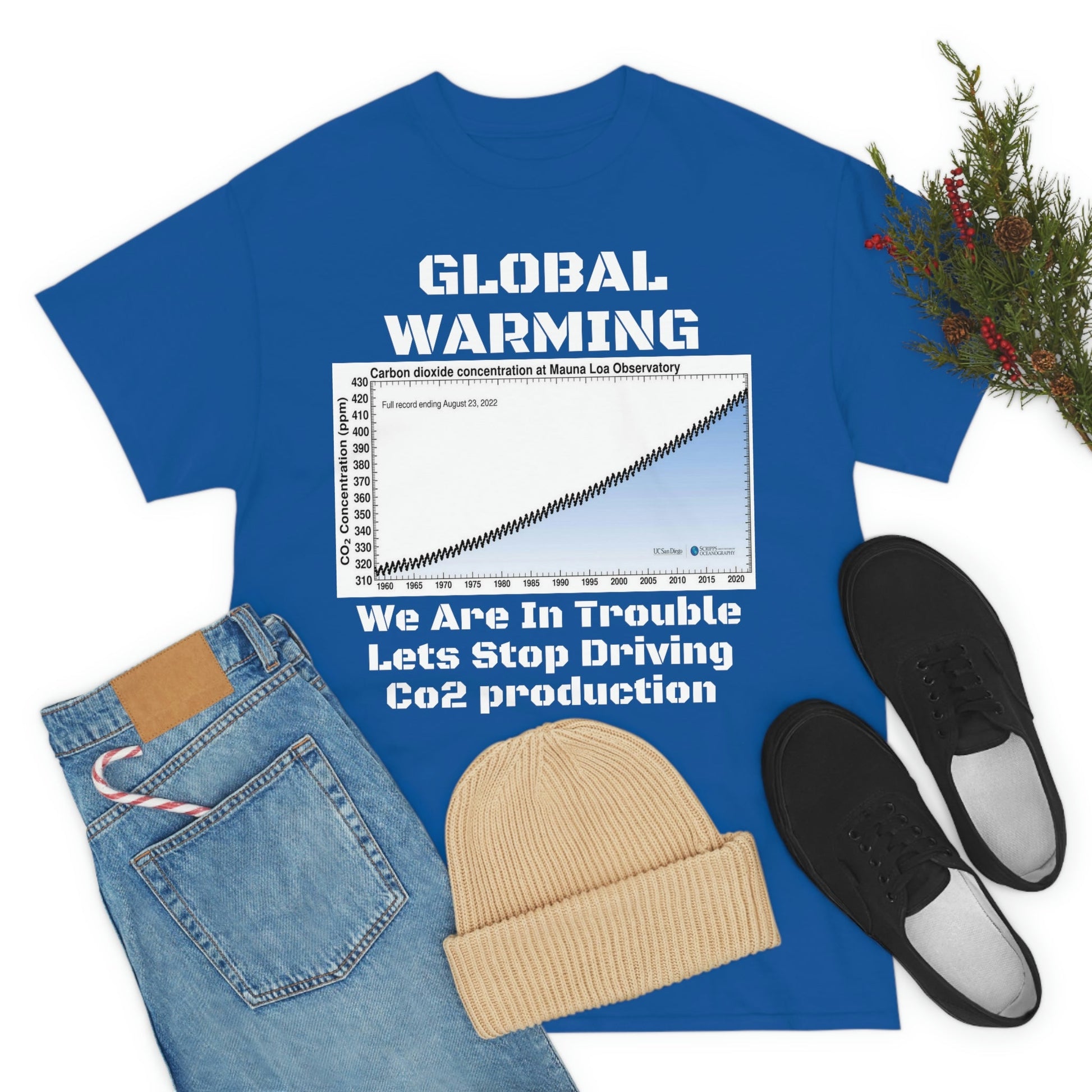 Copy of Global Warming - Unisex Heavy Cotton Tee - Quality Gildan 5000 - With Keeling CO2 Chart and Images of Weather Extremes - Lets Stop Driving - Green Forest Home