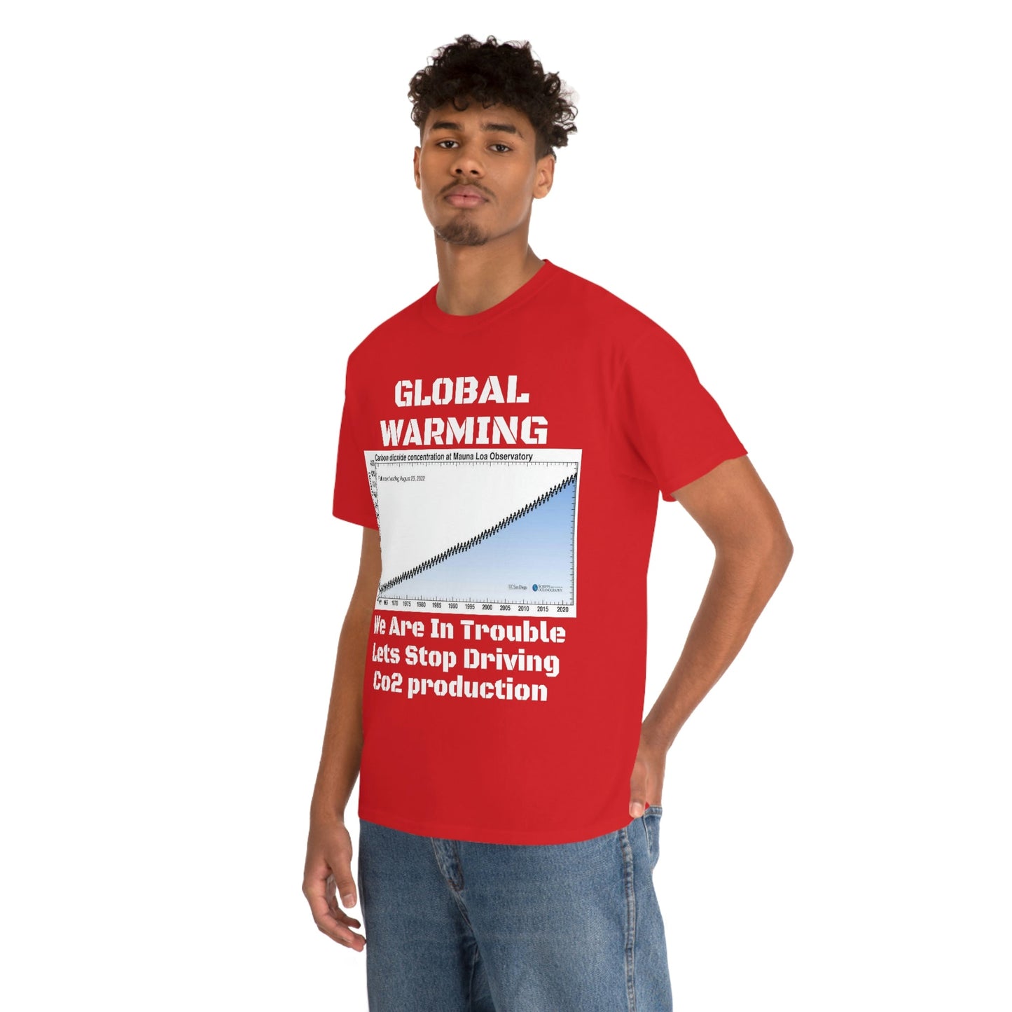 Copy of Global Warming - Unisex Heavy Cotton Tee - Quality Gildan 5000 - With Keeling CO2 Chart and Images of Weather Extremes - Lets Stop Driving - Green Forest Home