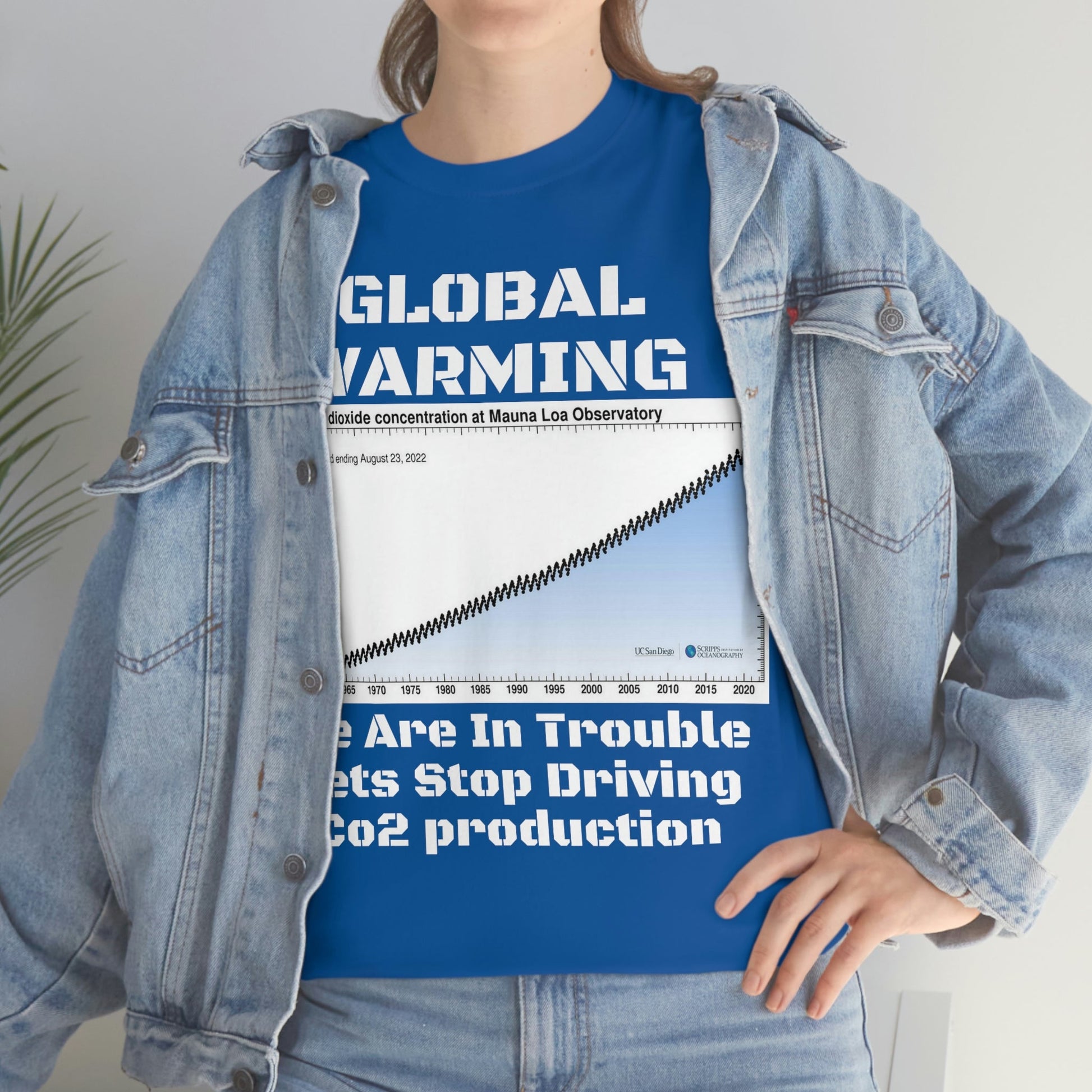 Copy of Global Warming - Unisex Heavy Cotton Tee - Quality Gildan 5000 - With Keeling CO2 Chart and Images of Weather Extremes - Lets Stop Driving - Green Forest Home