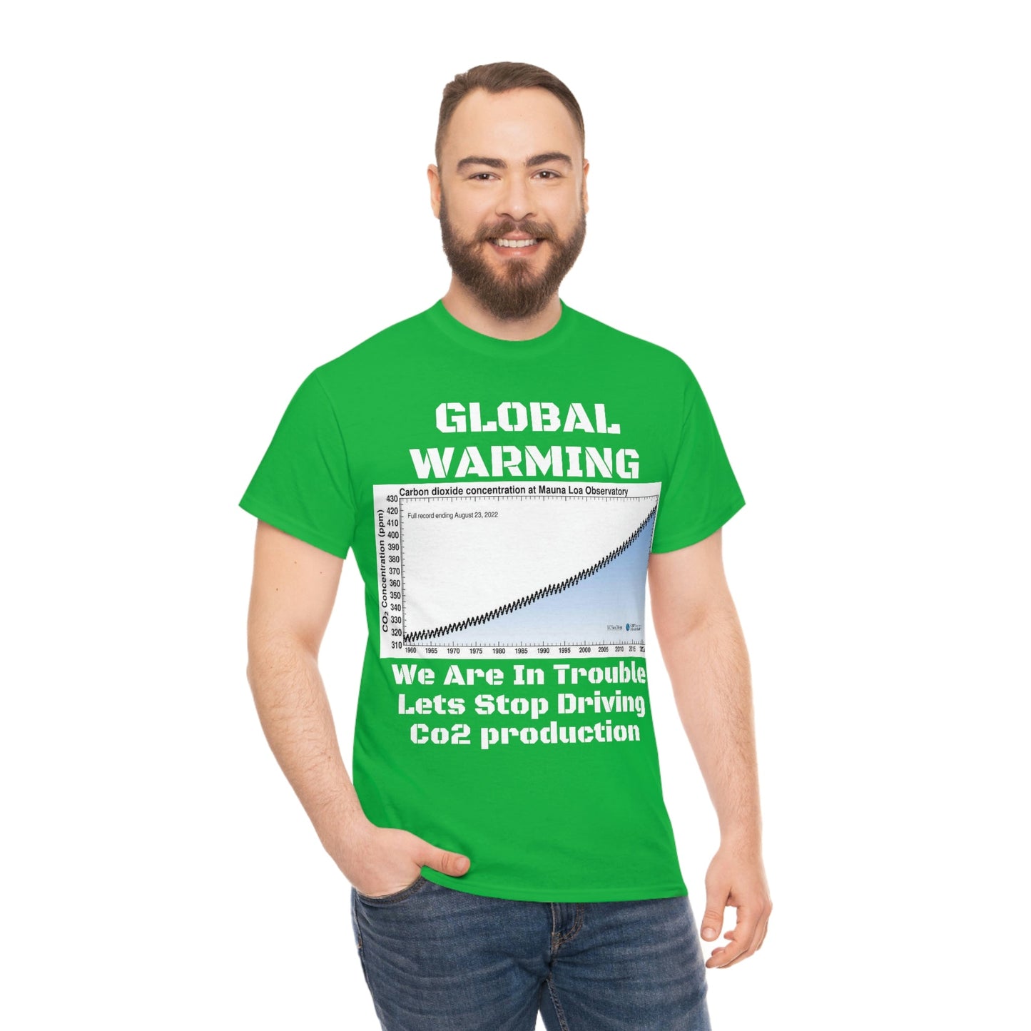 Copy of Global Warming - Unisex Heavy Cotton Tee - Quality Gildan 5000 - With Keeling CO2 Chart and Images of Weather Extremes - Lets Stop Driving - Green Forest Home