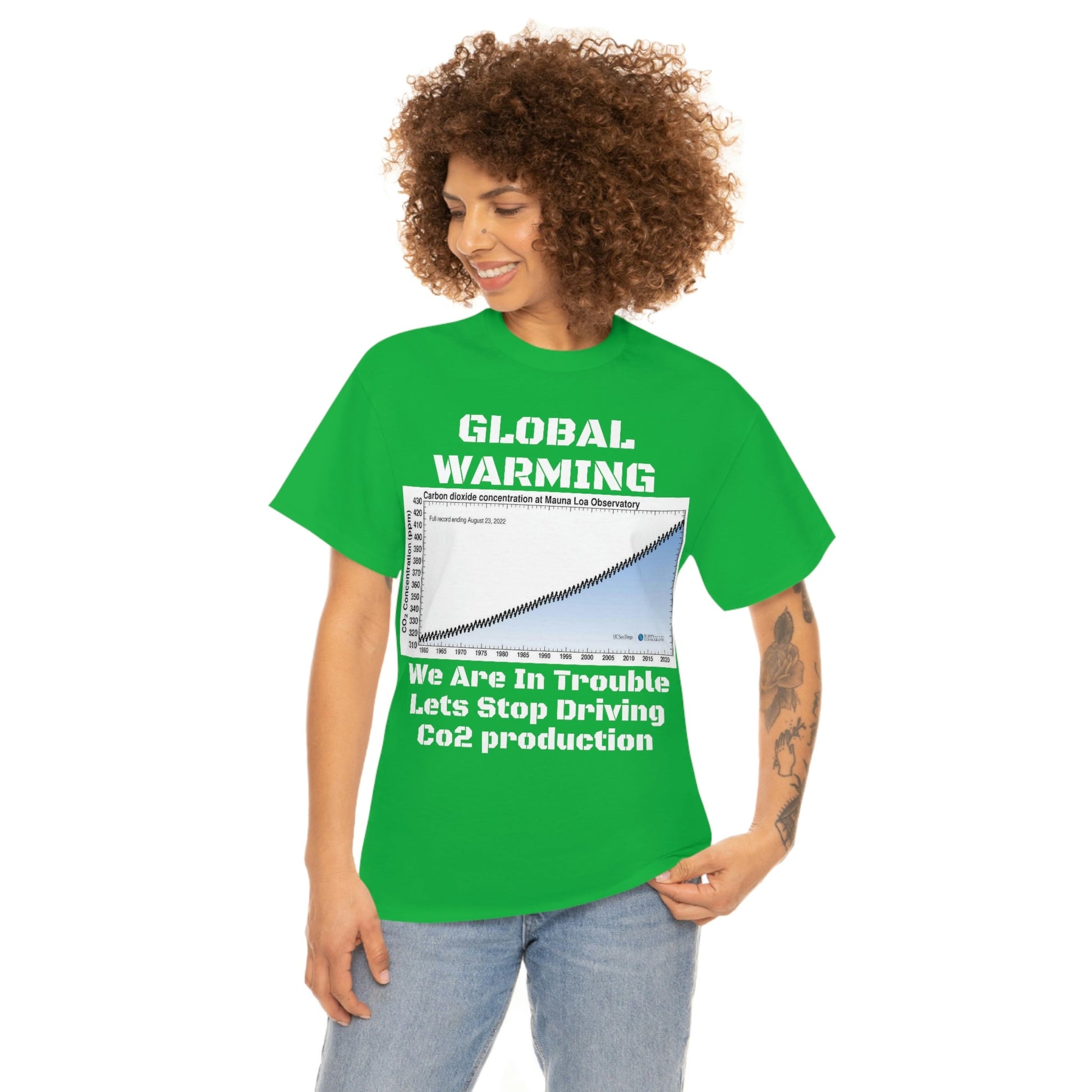 Copy of Global Warming - Unisex Heavy Cotton Tee - Quality Gildan 5000 - With Keeling CO2 Chart and Images of Weather Extremes - Lets Stop Driving - Green Forest Home