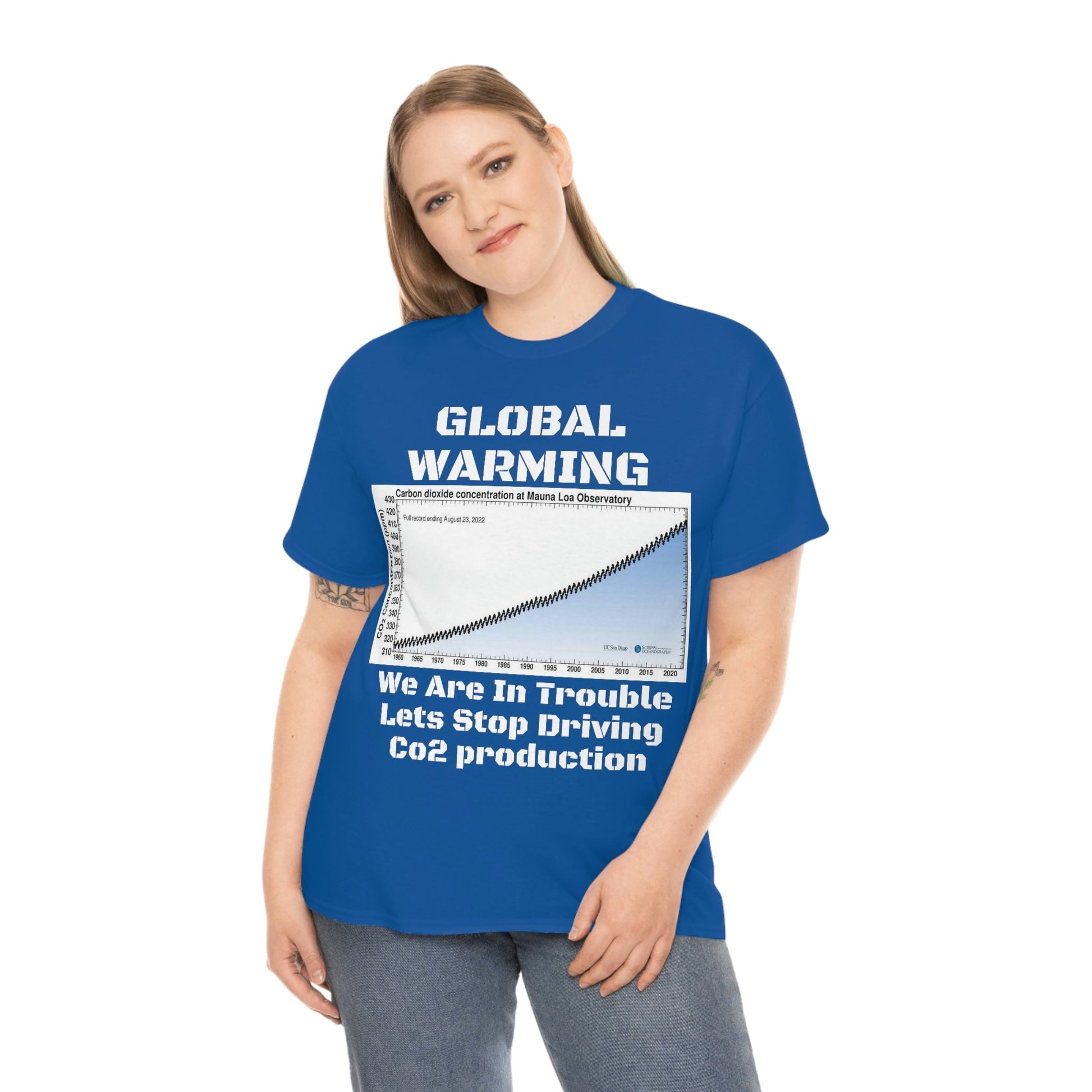 Copy of Global Warming - Unisex Heavy Cotton Tee - Quality Gildan 5000 - With Keeling CO2 Chart and Images of Weather Extremes - Lets Stop Driving - Green Forest Home