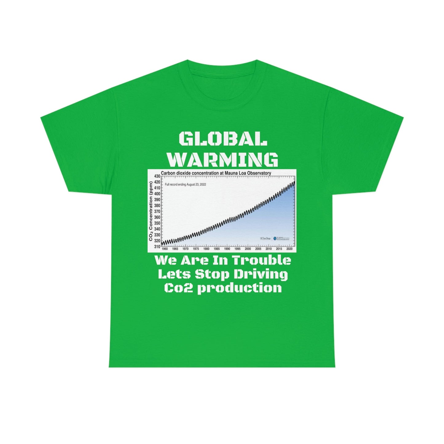 Copy of Global Warming - Unisex Heavy Cotton Tee - Quality Gildan 5000 - With Keeling CO2 Chart and Images of Weather Extremes - Lets Stop Driving - Green Forest Home