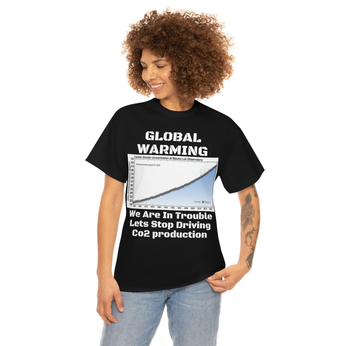 Copy of Global Warming - Unisex Heavy Cotton Tee - Quality Gildan 5000 - With Keeling CO2 Chart and Images of Weather Extremes - Lets Stop Driving - Green Forest Home