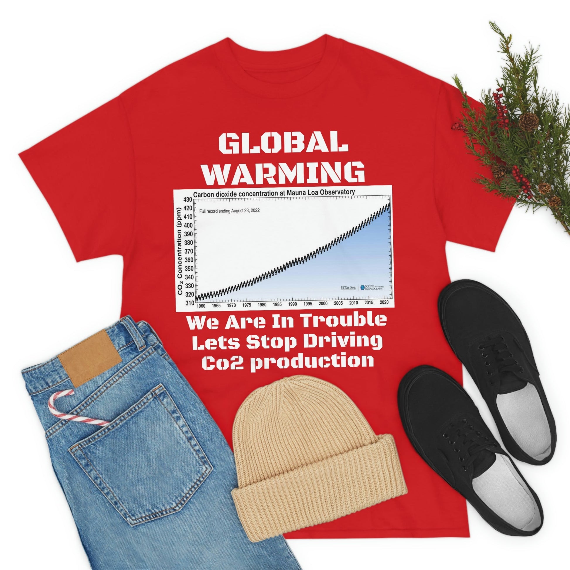 Copy of Global Warming - Unisex Heavy Cotton Tee - Quality Gildan 5000 - With Keeling CO2 Chart and Images of Weather Extremes - Lets Stop Driving - Green Forest Home