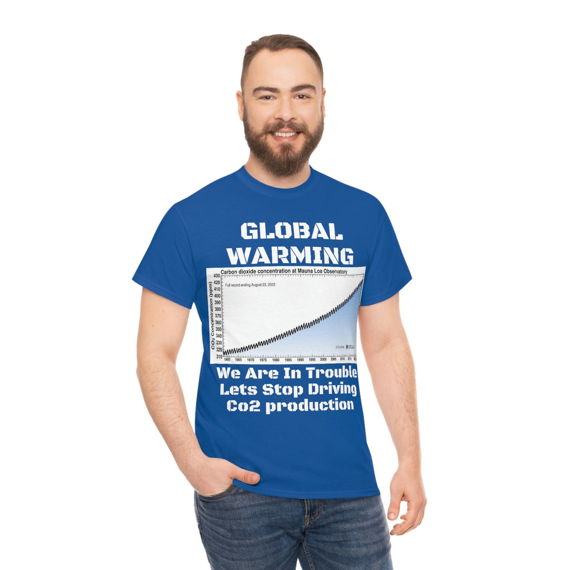 Copy of Global Warming - Unisex Heavy Cotton Tee - Quality Gildan 5000 - With Keeling CO2 Chart and Images of Weather Extremes - Lets Stop Driving - Green Forest Home